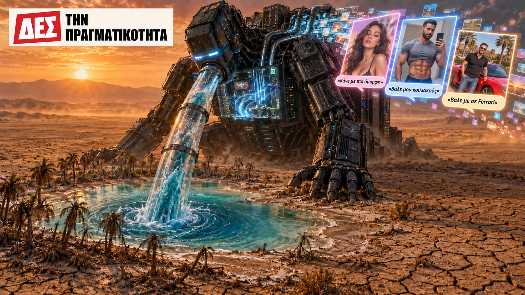 AI και τεχνητή νοημοσύνη: Στραγγίζει τον πλανήτη · Συμβολική εικονογράφηση: μηχανή τεχνητής νοημοσύνης αντλεί νερό από μια όαση · Δες την Πραγματικότητα AI και τεχνητή νοημοσύνη: Στραγγίζει τον πλανήτη · Συμβολική εικονογράφηση: μηχανή τεχνητής νοημοσύνης αντλεί νερό από μια όαση · Δες την Πραγματικότητα