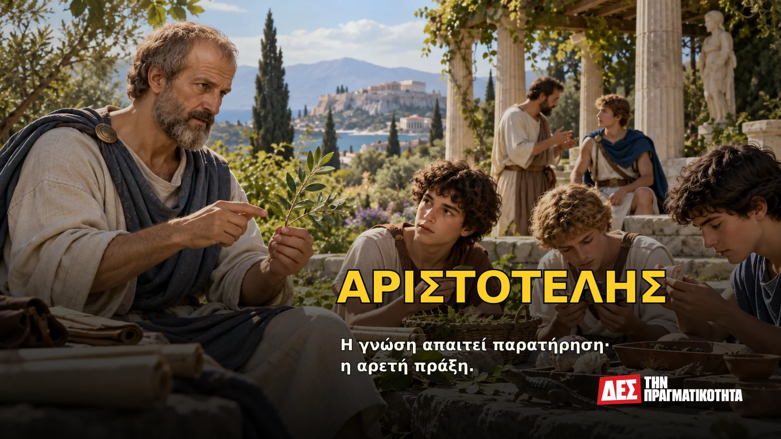Αριστοτέλης: ο Έλληνας που οργάνωσε τη γνώση και έβαλε την αρετή μέσα στην πράξη · Υποθετική φωτορεαλιστική αναπαράσταση: ΑΡΙΣΤΟΤΕΛΗΣ, με σκηνές από τη ζωή · Δες την Πραγματικότητα Αριστοτέλης: ο Έλληνας που οργάνωσε τη γνώση και έβαλε την αρετή μέσα στην πράξη · Υποθετική φωτορεαλιστική αναπαράσταση: ΑΡΙΣΤΟΤΕΛΗΣ, με σκηνές από τη ζωή · Δες την Πραγματικότητα