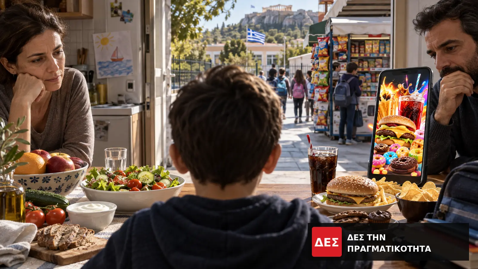 Παιδική παχυσαρκία στην Ελλάδα: 43% των παιδιών 5 έως 7 ετών και μια κοινωνία που πουλά την κακή επιλογή · Οικογένεια σε τραπέζι με φαγητό και κινητό που προβάλλει εικόνες · Δες την Πραγματικότητα Παιδική παχυσαρκία στην Ελλάδα: 43% των παιδιών 5 έως 7 ετών και μια κοινωνία που πουλά την κακή επιλογή · Οικογένεια σε τραπέζι με φαγητό και κινητό που προβάλλει εικόνες · Δες την Πραγματικότητα