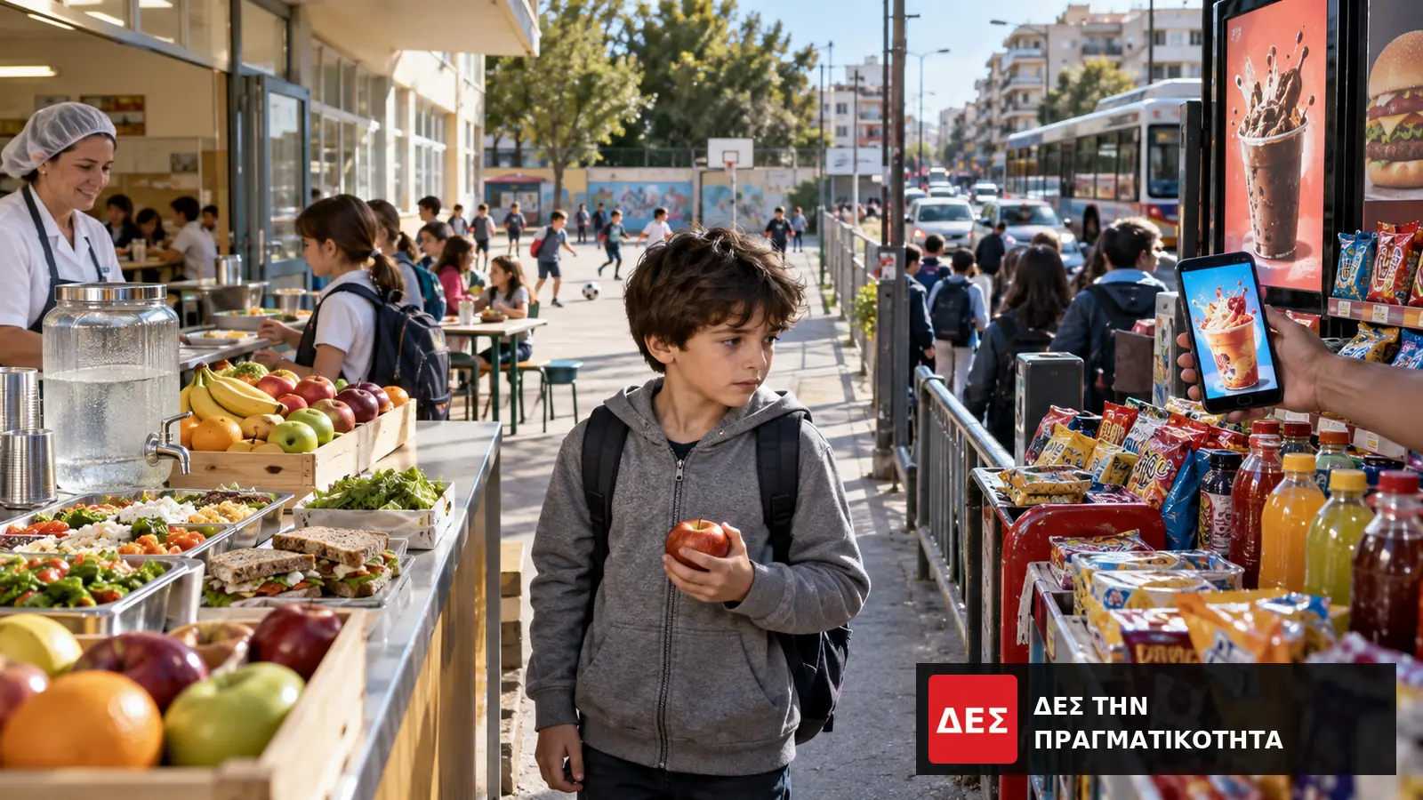 Παιδική παχυσαρκία στην Ελλάδα: 43% των παιδιών 5 έως 7 ετών και μια κοινωνία που πουλά την κακή επιλογή · Παιδί με μήλο στέκεται ανάμεσα σε πάγκο φρούτων και προθήκη · Δες την Πραγματικότητα Παιδική παχυσαρκία στην Ελλάδα: 43% των παιδιών 5 έως 7 ετών και μια κοινωνία που πουλά την κακή επιλογή · Παιδί με μήλο στέκεται ανάμεσα σε πάγκο φρούτων και προθήκη · Δες την Πραγματικότητα