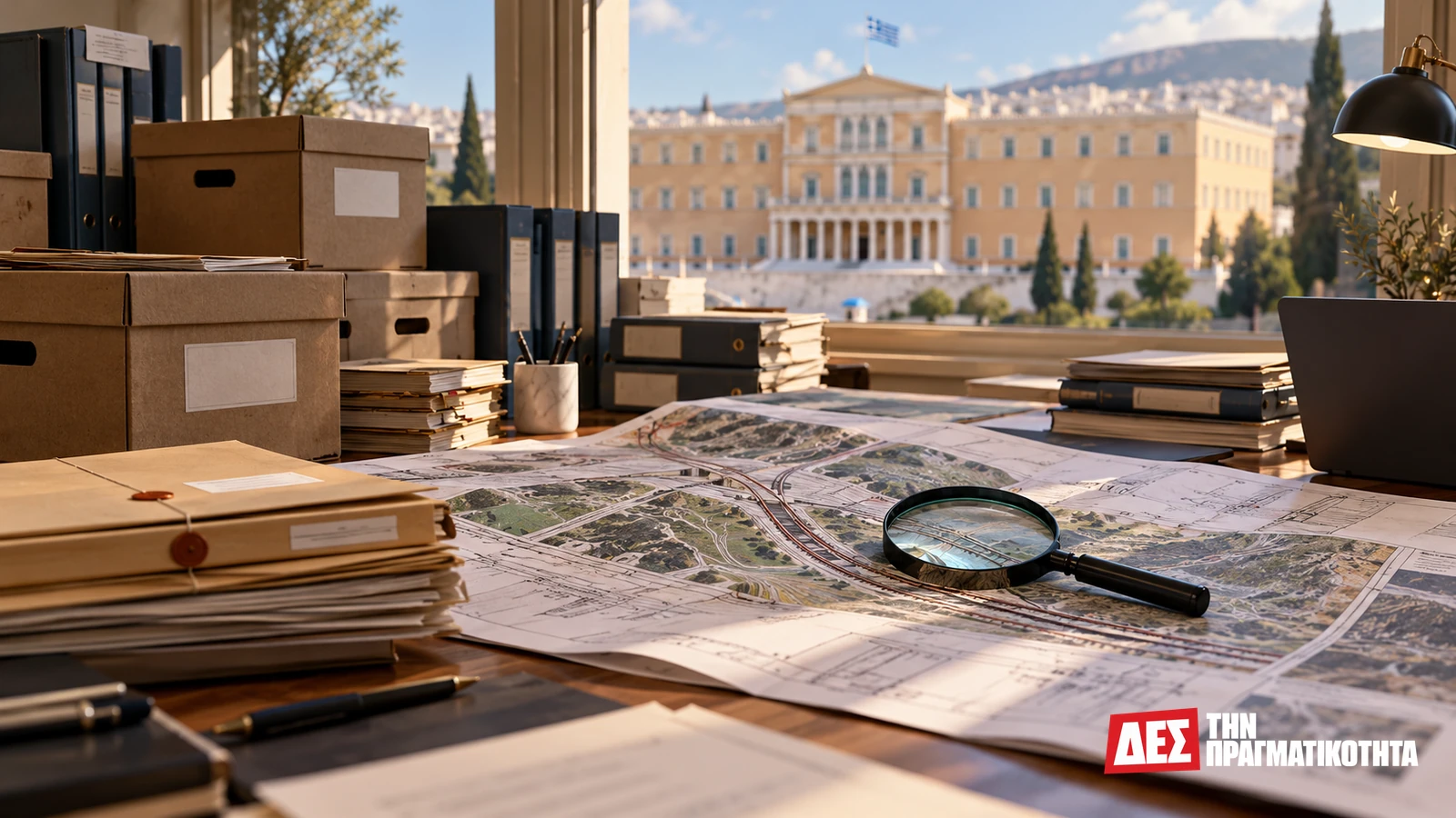 Χρήστος Τριαντόπουλος: η παραπομπή για τα Τέμπη και το δικαίωμα στην αλήθεια · Φάκελοι και συμβολικός σιδηροδρομικός χάρτης, εικαστική αναπαράσταση · Δες την Πραγματικότητα Χρήστος Τριαντόπουλος: η παραπομπή για τα Τέμπη και το δικαίωμα στην αλήθεια · Φάκελοι και συμβολικός σιδηροδρομικός χάρτης, εικαστική αναπαράσταση · Δες την Πραγματικότητα