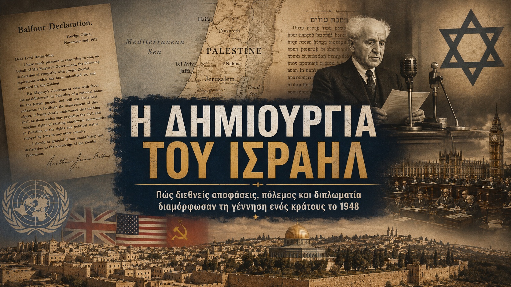 Πώς δημιουργήθηκε πραγματικά το Ισραήλ: τα ντοκουμέντα, οι μεγάλες δυνάμεις και η ιστορία που δεν χωρά σε ένα viral βίντεο · Ιστορική εικονογράφηση χάρτη Παλαιστίνης, διακήρυξης Μπάλφουρ και Νταβίντ Μπεν Γκουριόν · Δες την Πραγματικότητα Πώς δημιουργήθηκε πραγματικά το Ισραήλ: τα ντοκουμέντα, οι μεγάλες δυνάμεις και η ιστορία που δεν χωρά σε ένα viral βίντεο · Ιστορική εικονογράφηση χάρτη Παλαιστίνης, διακήρυξης Μπάλφουρ και Νταβίντ Μπεν Γκουριόν · Δες την Πραγματικότητα