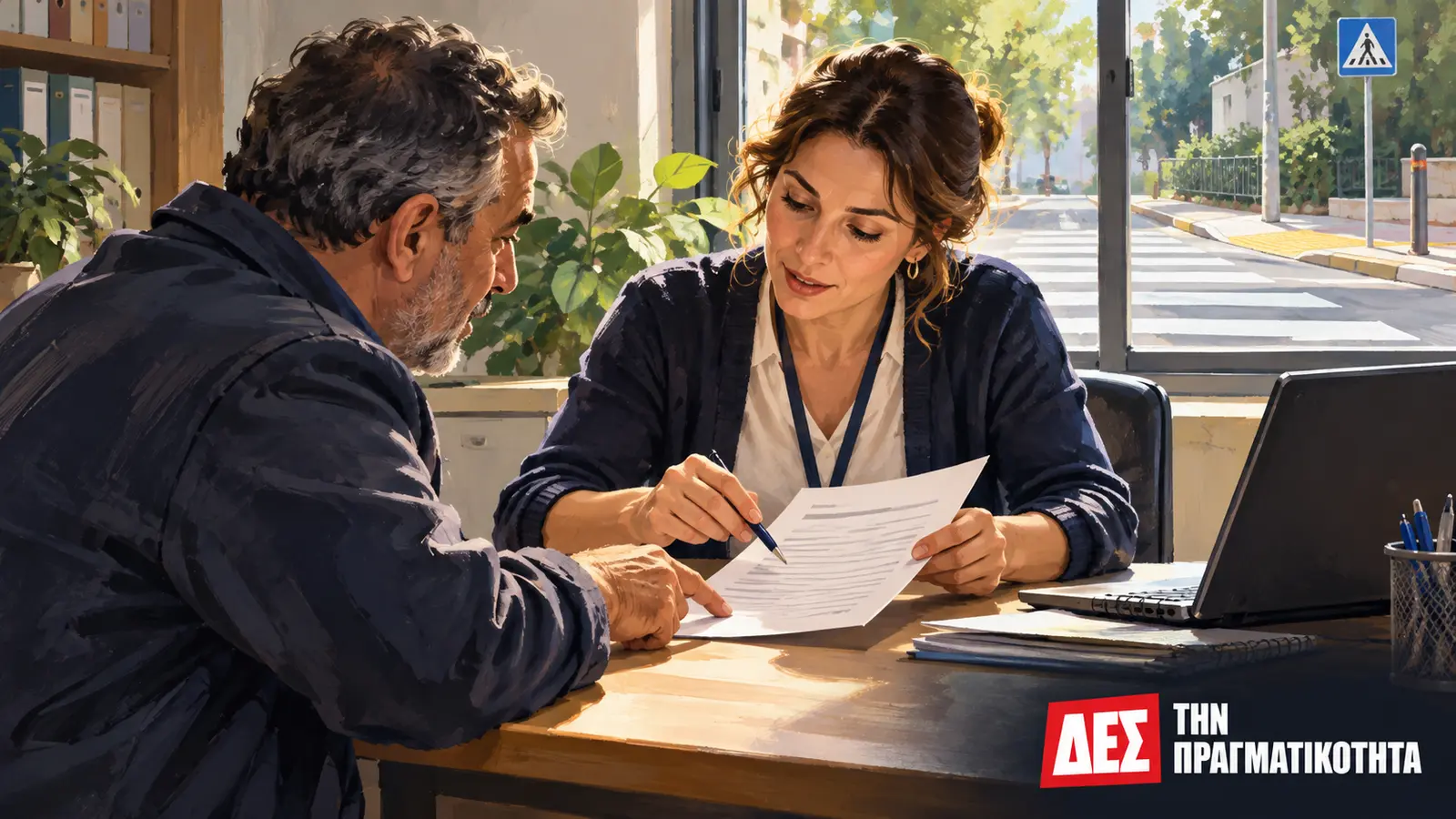 Δημοτική Αστυνομία: νέοι έλεγχοι, συγκεκριμένα όρια και η ευθύνη του δήμου · εικαστική αναπαράσταση ενημέρωσης πολίτη σε δημοτική υπηρεσία, όχι πραγματική συνάντηση · Δες την Πραγματικότητα Δημοτική Αστυνομία: νέοι έλεγχοι, συγκεκριμένα όρια και η ευθύνη του δήμου · εικαστική αναπαράσταση ενημέρωσης πολίτη σε δημοτική υπηρεσία, όχι πραγματική συνάντηση · Δες την Πραγματικότητα