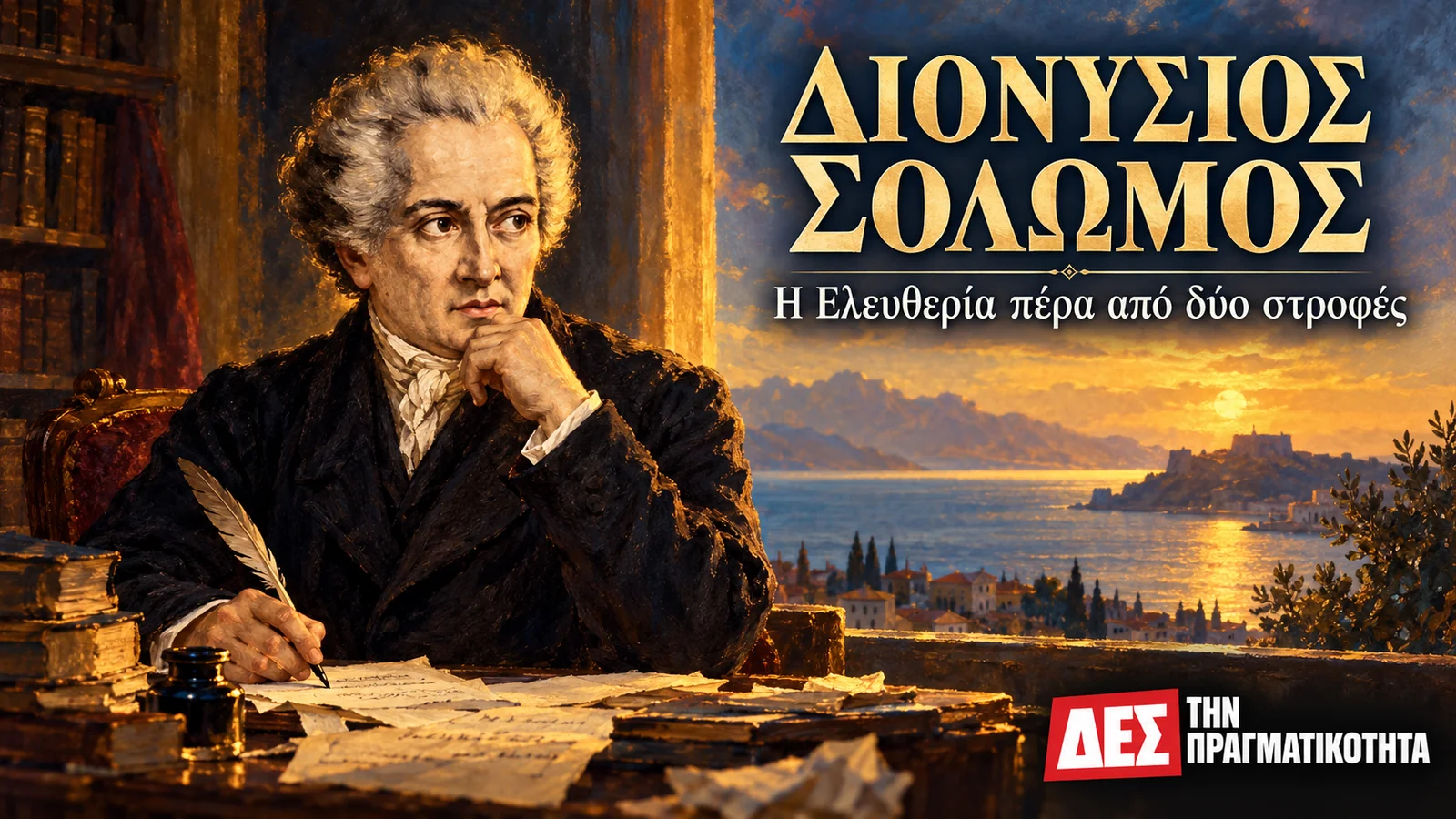 Διονύσιος Σολωμός: ο ποιητής της Ελευθερίας που δεν χωρά σε δύο στροφές · Εικονογραφική απόδοση του Σολωμού στο γραφείο του, με αναφορά · Δες την Πραγματικότητα Διονύσιος Σολωμός: ο ποιητής της Ελευθερίας που δεν χωρά σε δύο στροφές · Εικονογραφική απόδοση του Σολωμού στο γραφείο του, με αναφορά · Δες την Πραγματικότητα