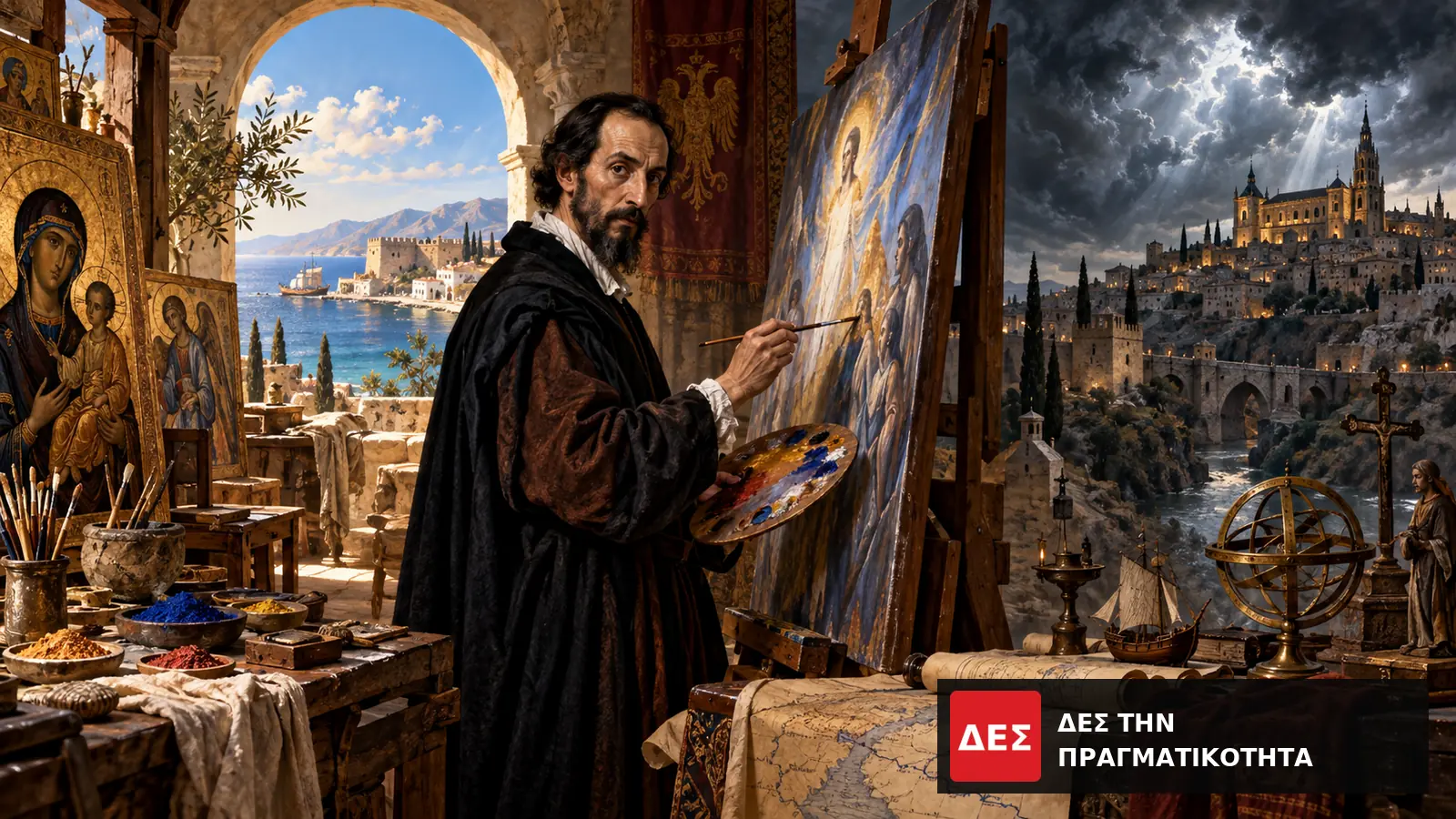 Δομήνικος Θεοτοκόπουλος: ο Κρητικός που έγινε El Greco και ζωγράφισε την πίστη σαν φωτιά · Προηγούμενη κεντρική εικόνα: εικαστική αναπαράσταση, όχι βεβαιωμένη όψη του προσώπου · Δες την Πραγματικότητα Δομήνικος Θεοτοκόπουλος: ο Κρητικός που έγινε El Greco και ζωγράφισε την πίστη σαν φωτιά · Προηγούμενη κεντρική εικόνα: εικαστική αναπαράσταση, όχι βεβαιωμένη όψη του προσώπου · Δες την Πραγματικότητα