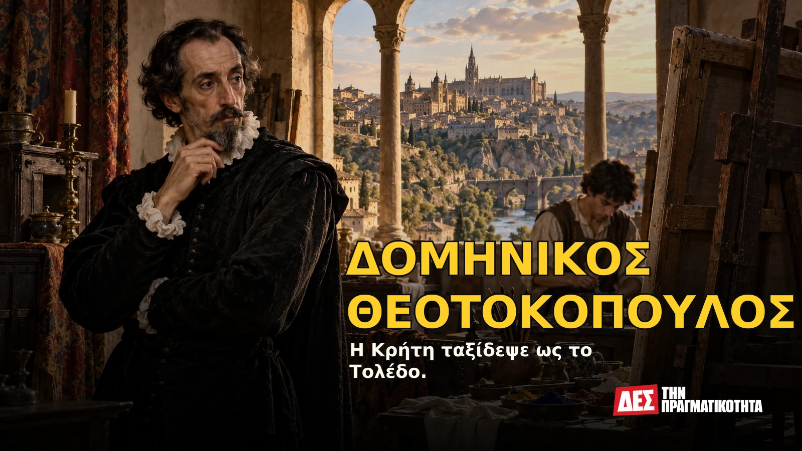 Δομήνικος Θεοτοκόπουλος: ο Κρητικός που έγινε El Greco και ζωγράφισε την πίστη σαν φωτιά · Υποθετική φωτορεαλιστική αναπαράσταση: ΔΟΜΗΝΙΚΟΣ ΘΕΟΤΟΚΟΠΟΥΛΟΣ, με σκηνές από τη ζωή · Δες την Πραγματικότητα Δομήνικος Θεοτοκόπουλος: ο Κρητικός που έγινε El Greco και ζωγράφισε την πίστη σαν φωτιά · Υποθετική φωτορεαλιστική αναπαράσταση: ΔΟΜΗΝΙΚΟΣ ΘΕΟΤΟΚΟΠΟΥΛΟΣ, με σκηνές από τη ζωή · Δες την Πραγματικότητα