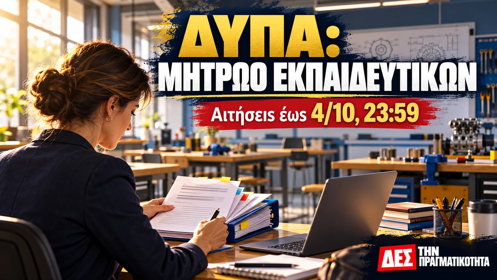 ΔΥΠΑ εκπαιδευτικοί: η αίτηση λήγει στις 4 Οκτωβρίου, η δουλειά δεν είναι δεδομένη · Υποψήφια εκπαιδευτικός με φάκελο δίπλα σε εργαστήριο επαγγελματικής εκπαίδευσης · Δες την Πραγματικότητα ΔΥΠΑ εκπαιδευτικοί: η αίτηση λήγει στις 4 Οκτωβρίου, η δουλειά δεν είναι δεδομένη · Υποψήφια εκπαιδευτικός με φάκελο δίπλα σε εργαστήριο επαγγελματικής εκπαίδευσης · Δες την Πραγματικότητα