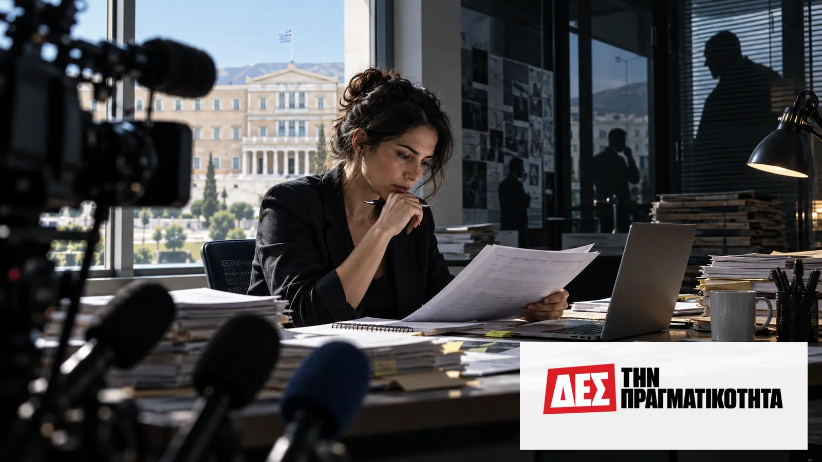 Ελευθερία του Τύπου στην Ελλάδα: 86η θέση σε 180 χώρες και το κόστος για τον πολίτη · Δημοσιογράφος διαβάζει έγγραφα στο γραφείο της, με κάμερα και μικρόφωνα · Δες την Πραγματικότητα Ελευθερία του Τύπου στην Ελλάδα: 86η θέση σε 180 χώρες και το κόστος για τον πολίτη · Δημοσιογράφος διαβάζει έγγραφα στο γραφείο της, με κάμερα και μικρόφωνα · Δες την Πραγματικότητα
