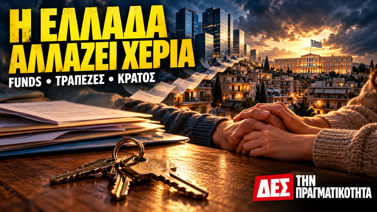 Η Ελλάδα αλλάζει χέρια μέσω των funds και των τραπεζών, με την πλάτη του ελληνικού κράτους · συμβολική δημοσιογραφική εικονογράφηση με κλειδιά κατοικίας, δανειακά έγγραφα και ελληνικό · Δες την Πραγματικότητα Η Ελλάδα αλλάζει χέρια μέσω των funds και των τραπεζών, με την πλάτη του ελληνικού κράτους · συμβολική δημοσιογραφική εικονογράφηση με κλειδιά κατοικίας, δανειακά έγγραφα και ελληνικό · Δες την Πραγματικότητα