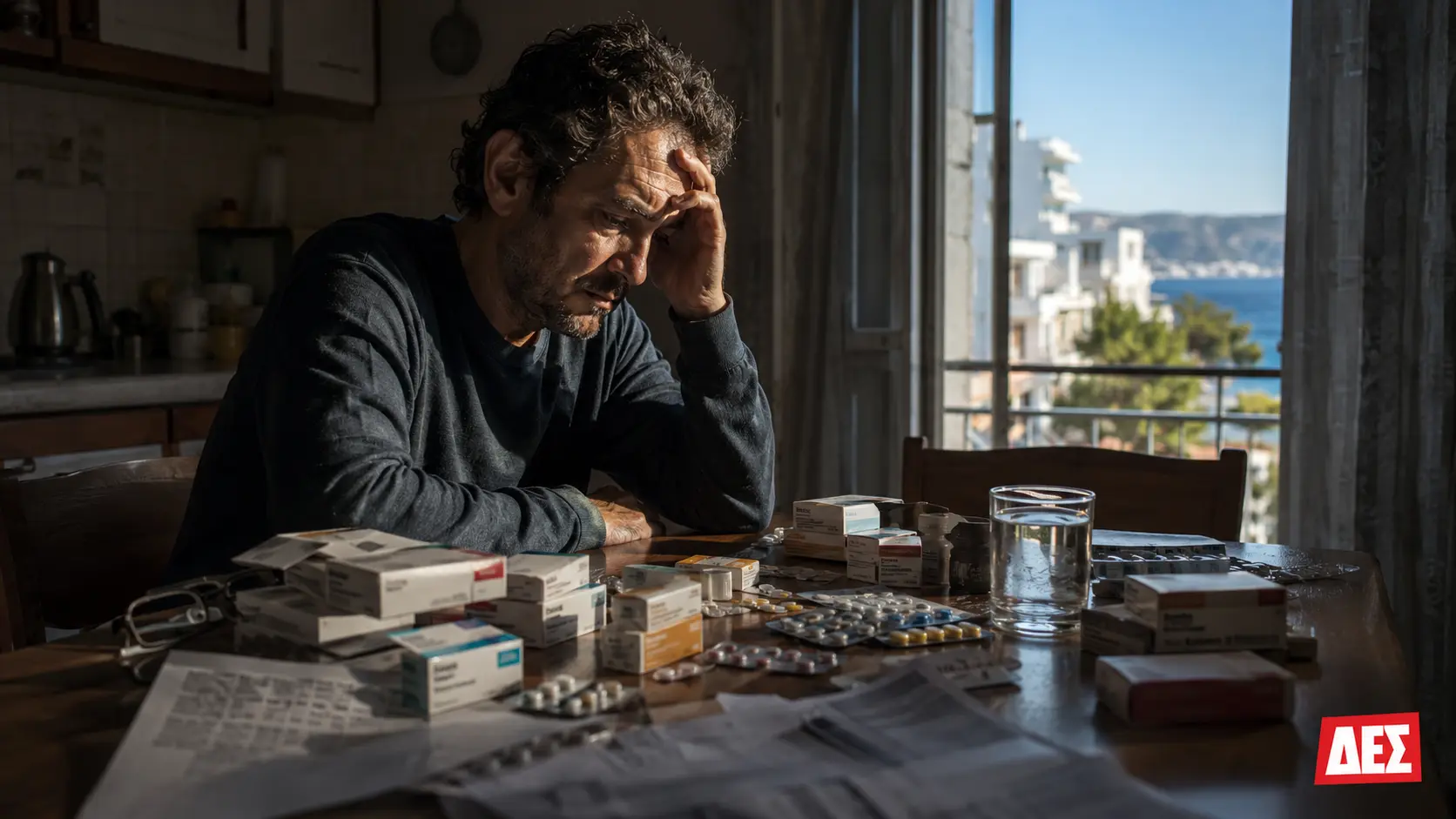 Η Ελλάδα με ένα χάπι στο στόμα: Πότε πάψαμε να θεραπεύουμε τον άνθρωπο και αρχίσαμε να φαρμακώνουμε τη ζωή του; · Άνδρας σκύβει πάνω από τραπέζι γεμάτο κουτιά φαρμάκων, χάπια, χαρτιά · Δες την Πραγματικότητα Η Ελλάδα με ένα χάπι στο στόμα: Πότε πάψαμε να θεραπεύουμε τον άνθρωπο και αρχίσαμε να φαρμακώνουμε τη ζωή του; · Άνδρας σκύβει πάνω από τραπέζι γεμάτο κουτιά φαρμάκων, χάπια, χαρτιά · Δες την Πραγματικότητα