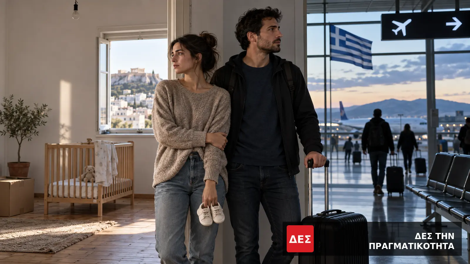 Ελλάδα από μήνα σε μήνα: το 64% δεν έχει οικονομική ανάσα και οι νέοι αναβάλλουν παιδί ή σκέφτονται τη φυγή · Ζευγάρι στέκεται ανάμεσα σε άδειο παιδικό δωμάτιο και αποσκευές · Δες την Πραγματικότητα Ελλάδα από μήνα σε μήνα: το 64% δεν έχει οικονομική ανάσα και οι νέοι αναβάλλουν παιδί ή σκέφτονται τη φυγή · Ζευγάρι στέκεται ανάμεσα σε άδειο παιδικό δωμάτιο και αποσκευές · Δες την Πραγματικότητα