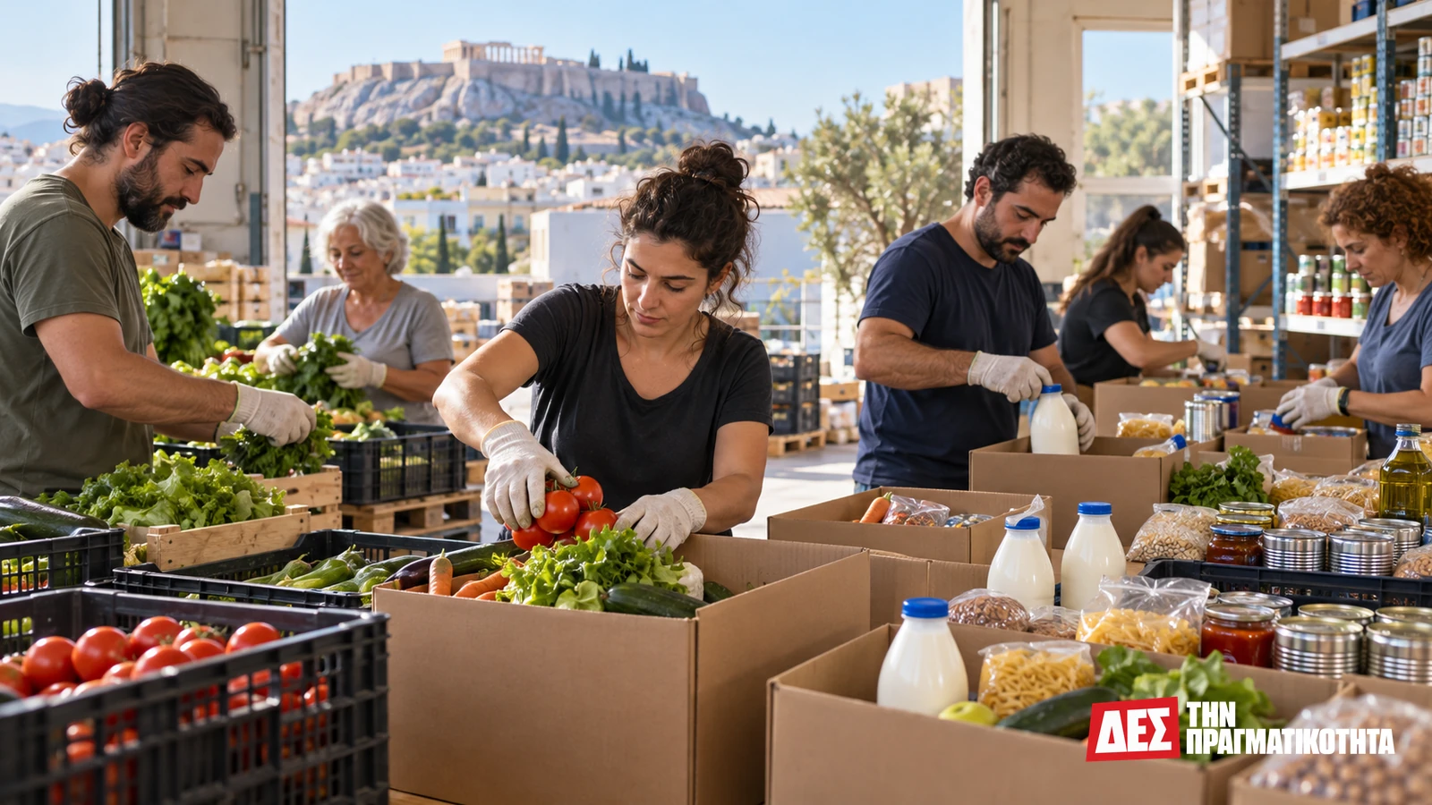 Επισιτιστική ανασφάλεια στην Ελλάδα: όταν το γεύμα κάθε δεύτερη μέρα γίνεται δείκτης φτώχειας · εθελοντές ταξινομούν τρόφιμα σε κοινωνική δομή χωρίς αναγνωρίσιμα πρόσωπα, εικαστική · Δες την Πραγματικότητα Επισιτιστική ανασφάλεια στην Ελλάδα: όταν το γεύμα κάθε δεύτερη μέρα γίνεται δείκτης φτώχειας · εθελοντές ταξινομούν τρόφιμα σε κοινωνική δομή χωρίς αναγνωρίσιμα πρόσωπα, εικαστική · Δες την Πραγματικότητα