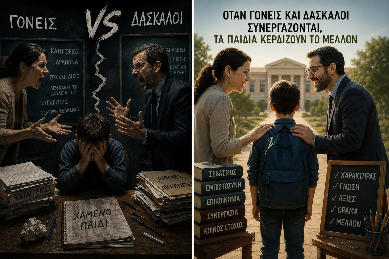 Γονείς VS Δάσκαλοι: όταν οι μεγάλοι πολεμούν, τα παιδιά χάνουν το μέλλον τους · Γονείς, εκπαιδευτικοί και παιδί βρίσκουν κοινό έδαφος μέσα από συνεργασία · Δες την Πραγματικότητα Γονείς VS Δάσκαλοι: όταν οι μεγάλοι πολεμούν, τα παιδιά χάνουν το μέλλον τους · Γονείς, εκπαιδευτικοί και παιδί βρίσκουν κοινό έδαφος μέσα από συνεργασία · Δες την Πραγματικότητα