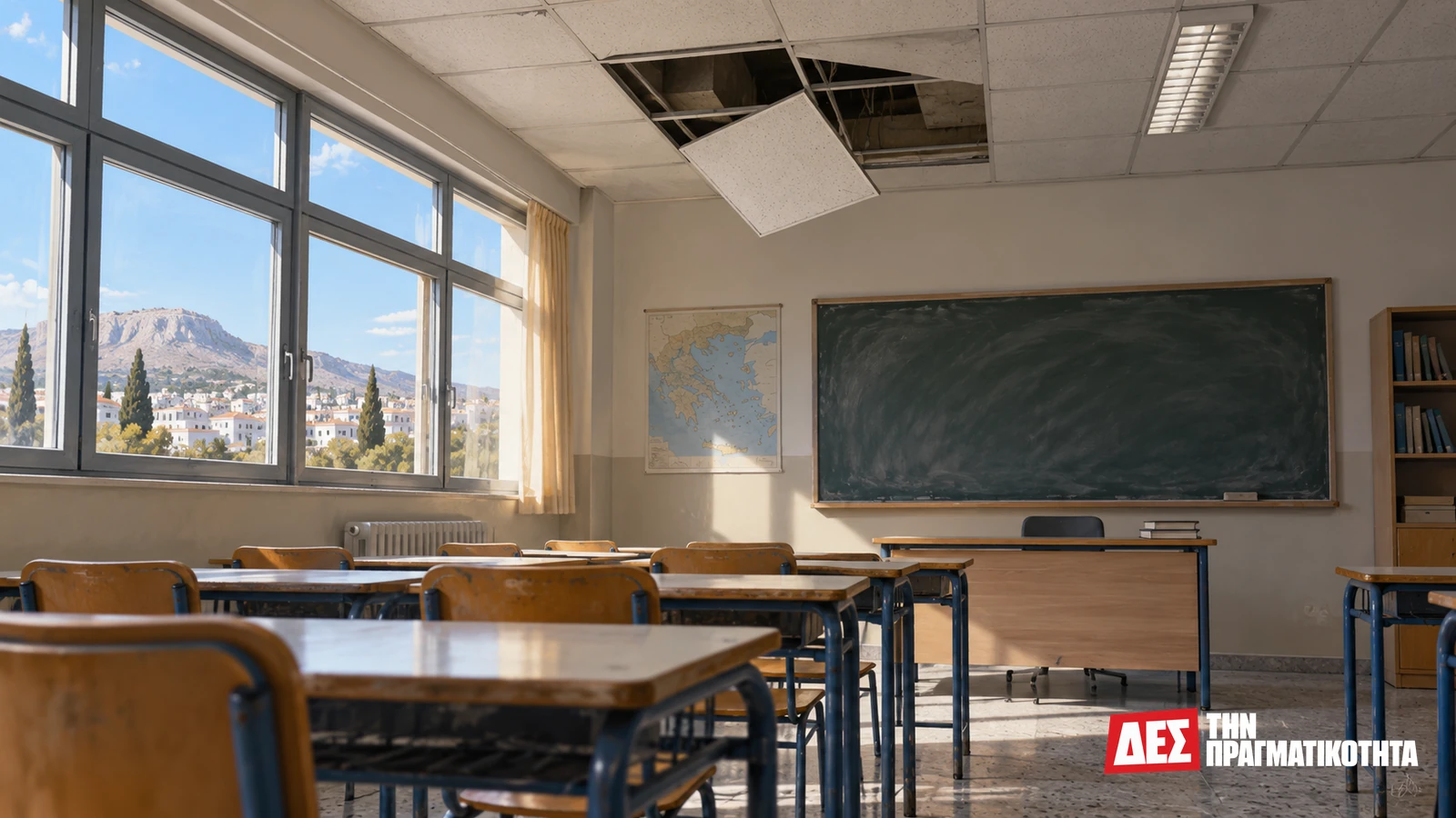 8ο Γυμνάσιο Κορυδαλλού: όταν η οροφή πέφτει, ποιος εγγυάται την ασφάλεια; · Άδεια τάξη με χαλαρό τμήμα ψευδοροφής, εικαστική αναπαράσταση · Δες την Πραγματικότητα 8ο Γυμνάσιο Κορυδαλλού: όταν η οροφή πέφτει, ποιος εγγυάται την ασφάλεια; · Άδεια τάξη με χαλαρό τμήμα ψευδοροφής, εικαστική αναπαράσταση · Δες την Πραγματικότητα