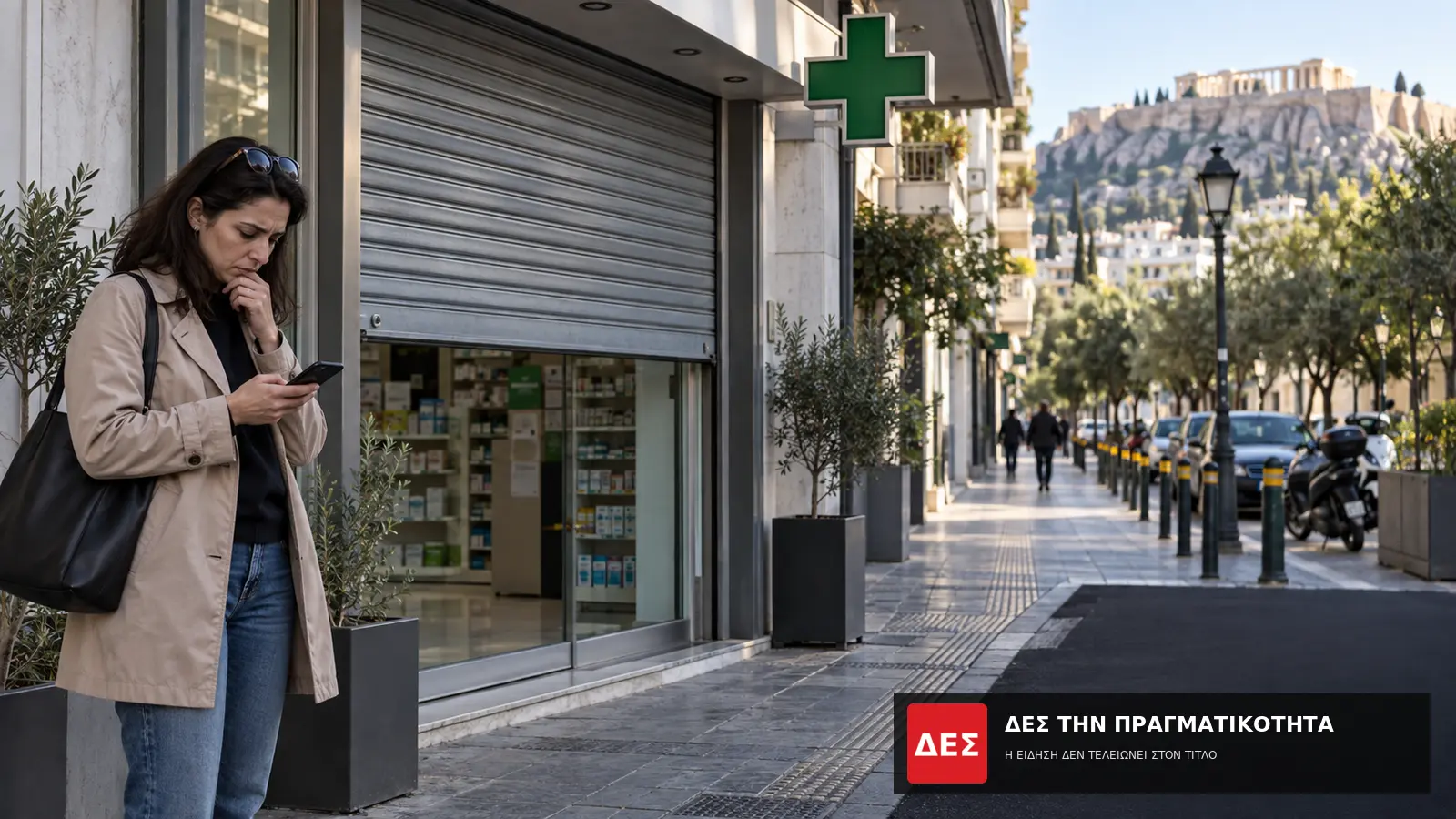 Κλειστά τα φαρμακεία στην Αττική σήμερα 14 Σεπτεμβρίου: πώς βρίσκεις ποιο εφημερεύει · Γυναίκα κοιτάζει το κινητό της έξω από φαρμακείο με κατεβασμένο · Δες την Πραγματικότητα Κλειστά τα φαρμακεία στην Αττική σήμερα 14 Σεπτεμβρίου: πώς βρίσκεις ποιο εφημερεύει · Γυναίκα κοιτάζει το κινητό της έξω από φαρμακείο με κατεβασμένο · Δες την Πραγματικότητα
