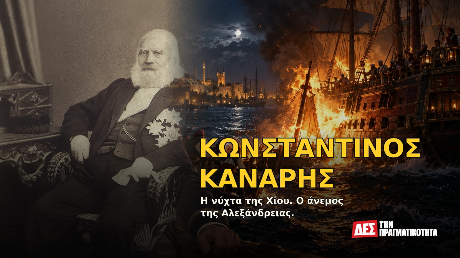 Κωνσταντίνος Κανάρης: η νύχτα της Χίου, η χαμένη Αλεξάνδρεια και το χρέος της ελευθερίας · Αυθεντική φωτογραφία προσώπου ενταγμένη σε εικαστική σύνθεση με σκηνές · Δες την Πραγματικότητα Κωνσταντίνος Κανάρης: η νύχτα της Χίου, η χαμένη Αλεξάνδρεια και το χρέος της ελευθερίας · Αυθεντική φωτογραφία προσώπου ενταγμένη σε εικαστική σύνθεση με σκηνές · Δες την Πραγματικότητα
