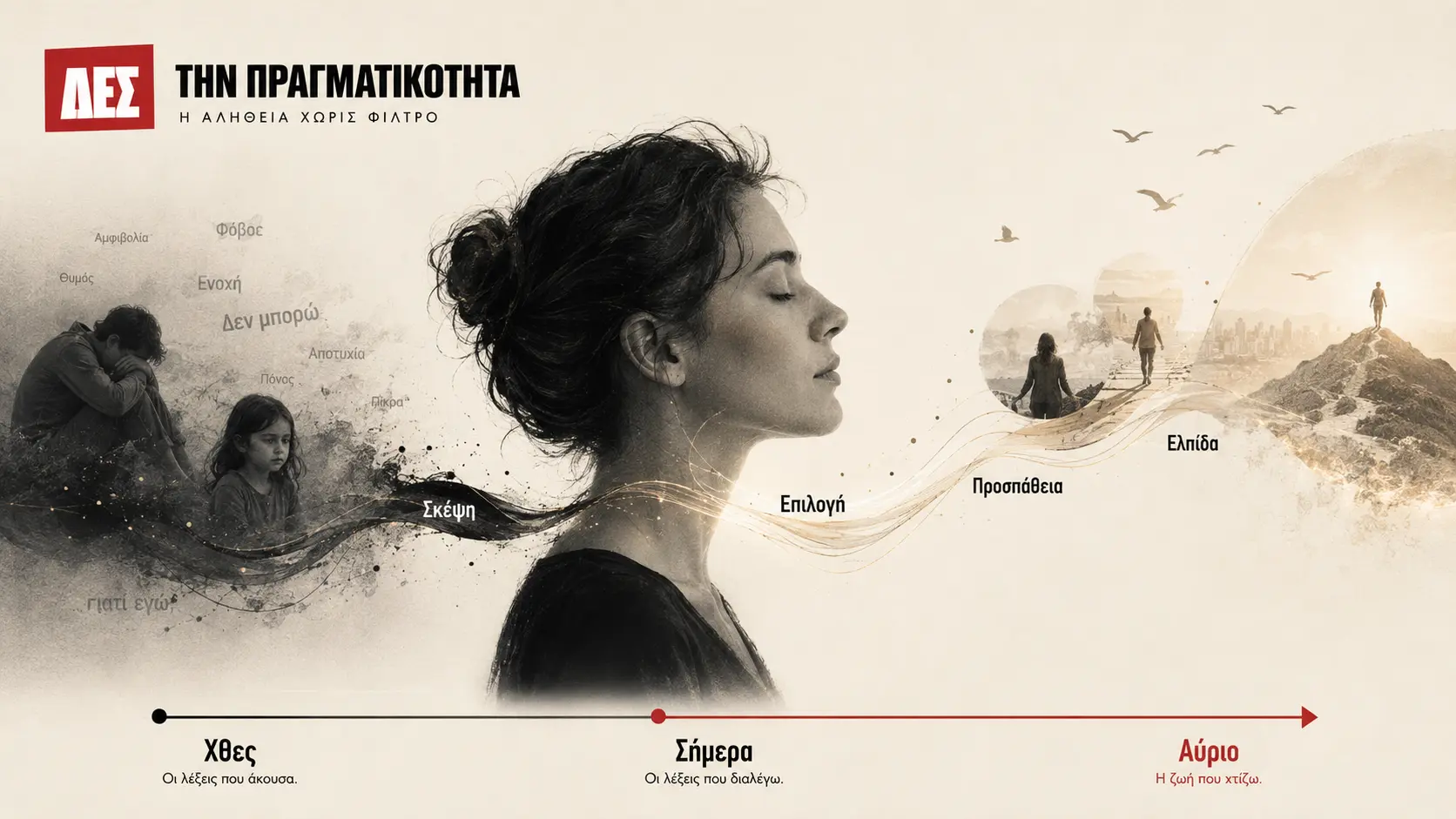 Η δύναμη των λέξεων: η σκέψη γεννά το χθες, το σήμερα και το αύριο · Γυναίκα κοιτάζει προς το μέλλον σε συμβολική διαδρομή · Δες την Πραγματικότητα Η δύναμη των λέξεων: η σκέψη γεννά το χθες, το σήμερα και το αύριο · Γυναίκα κοιτάζει προς το μέλλον σε συμβολική διαδρομή · Δες την Πραγματικότητα