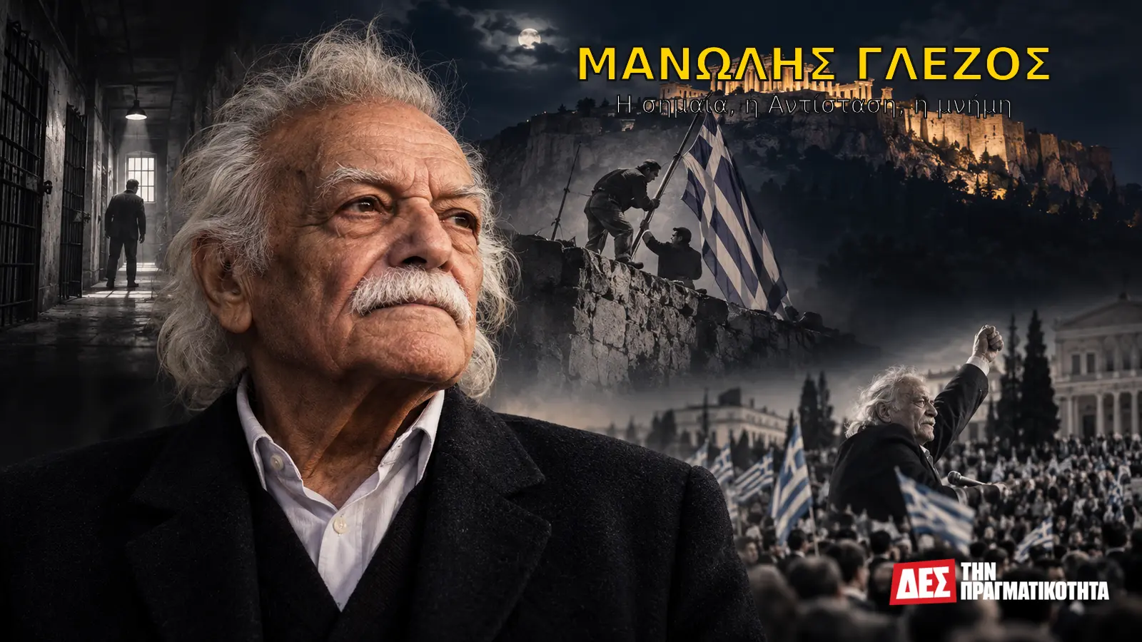 Μανώλης Γλέζος: η σημαία, η Αντίσταση και το χρέος της μνήμης · Εικαστική απεικόνιση του Γλέζου και της Ακρόπολης · Δες την Πραγματικότητα Μανώλης Γλέζος: η σημαία, η Αντίσταση και το χρέος της μνήμης · Εικαστική απεικόνιση του Γλέζου και της Ακρόπολης · Δες την Πραγματικότητα