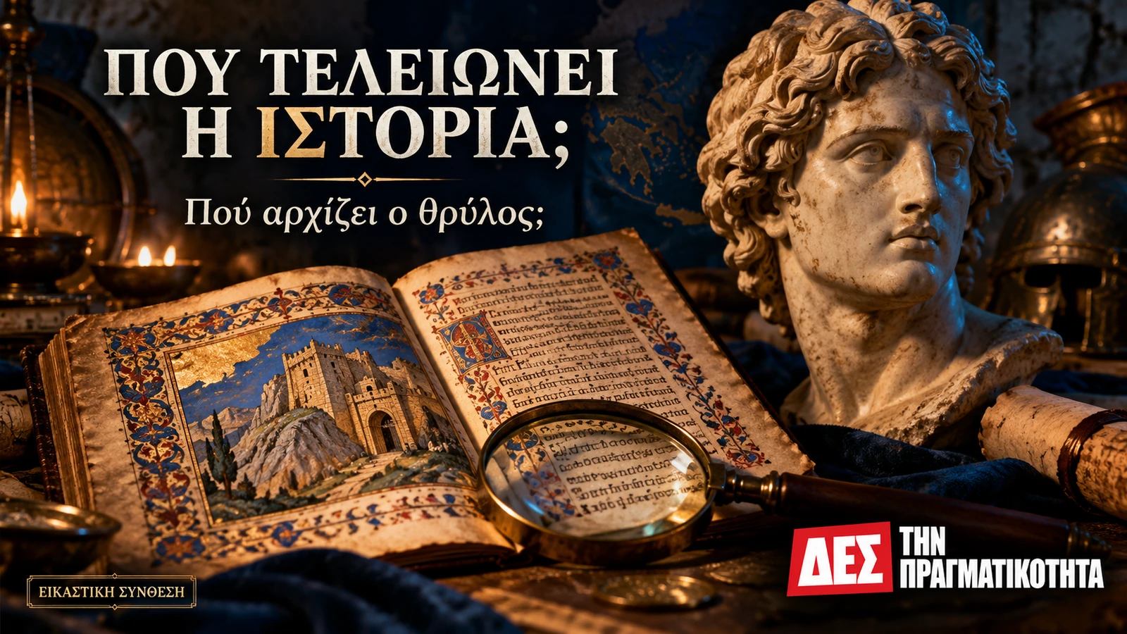 Μέγας Αλέξανδρος και Χάλκινες Πύλες: τα ρυπαρά γένη και η θεία πρόνοια στην παράδοση · εικαστική σύνθεση χειρογράφου και προτομής · Δες την Πραγματικότητα Μέγας Αλέξανδρος και Χάλκινες Πύλες: τα ρυπαρά γένη και η θεία πρόνοια στην παράδοση · εικαστική σύνθεση χειρογράφου και προτομής · Δες την Πραγματικότητα