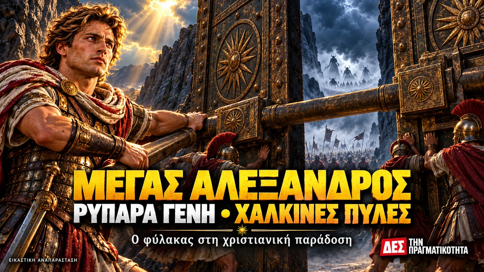 Μέγας Αλέξανδρος και Χάλκινες Πύλες: τα ρυπαρά γένη και η θεία πρόνοια στην παράδοση · Μέγας Αλέξανδρος, ρυπαρά γένη και Χάλκινες Πύλες: εικαστική αναπαράσταση · Δες την Πραγματικότητα Μέγας Αλέξανδρος και Χάλκινες Πύλες: τα ρυπαρά γένη και η θεία πρόνοια στην παράδοση · Μέγας Αλέξανδρος, ρυπαρά γένη και Χάλκινες Πύλες: εικαστική αναπαράσταση · Δες την Πραγματικότητα