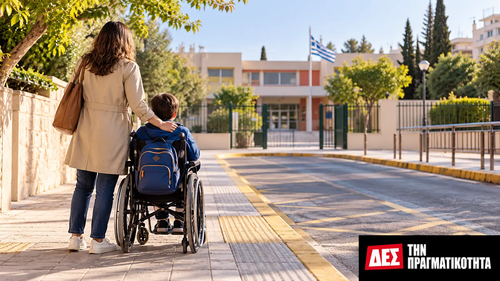 Μεταφορά μαθητών με αναπηρία: όταν το σχολείο μένει απρόσιτο · Συμβολική αναπαράσταση παιδιού με αμαξίδιο μπροστά σε σχολείο · Δες την Πραγματικότητα Μεταφορά μαθητών με αναπηρία: όταν το σχολείο μένει απρόσιτο · Συμβολική αναπαράσταση παιδιού με αμαξίδιο μπροστά σε σχολείο · Δες την Πραγματικότητα