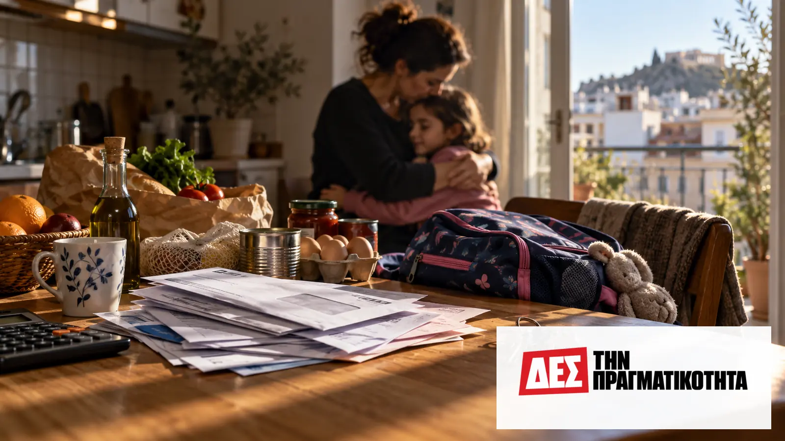 Μονογονεϊκές οικογένειες: το 57,5% στην Ελλάδα καθυστερεί βασικές πληρωμές · Μητέρα αγκαλιάζει παιδί δίπλα σε λογαριασμούς και τρόφιμα στο τραπέζι · Δες την Πραγματικότητα Μονογονεϊκές οικογένειες: το 57,5% στην Ελλάδα καθυστερεί βασικές πληρωμές · Μητέρα αγκαλιάζει παιδί δίπλα σε λογαριασμούς και τρόφιμα στο τραπέζι · Δες την Πραγματικότητα