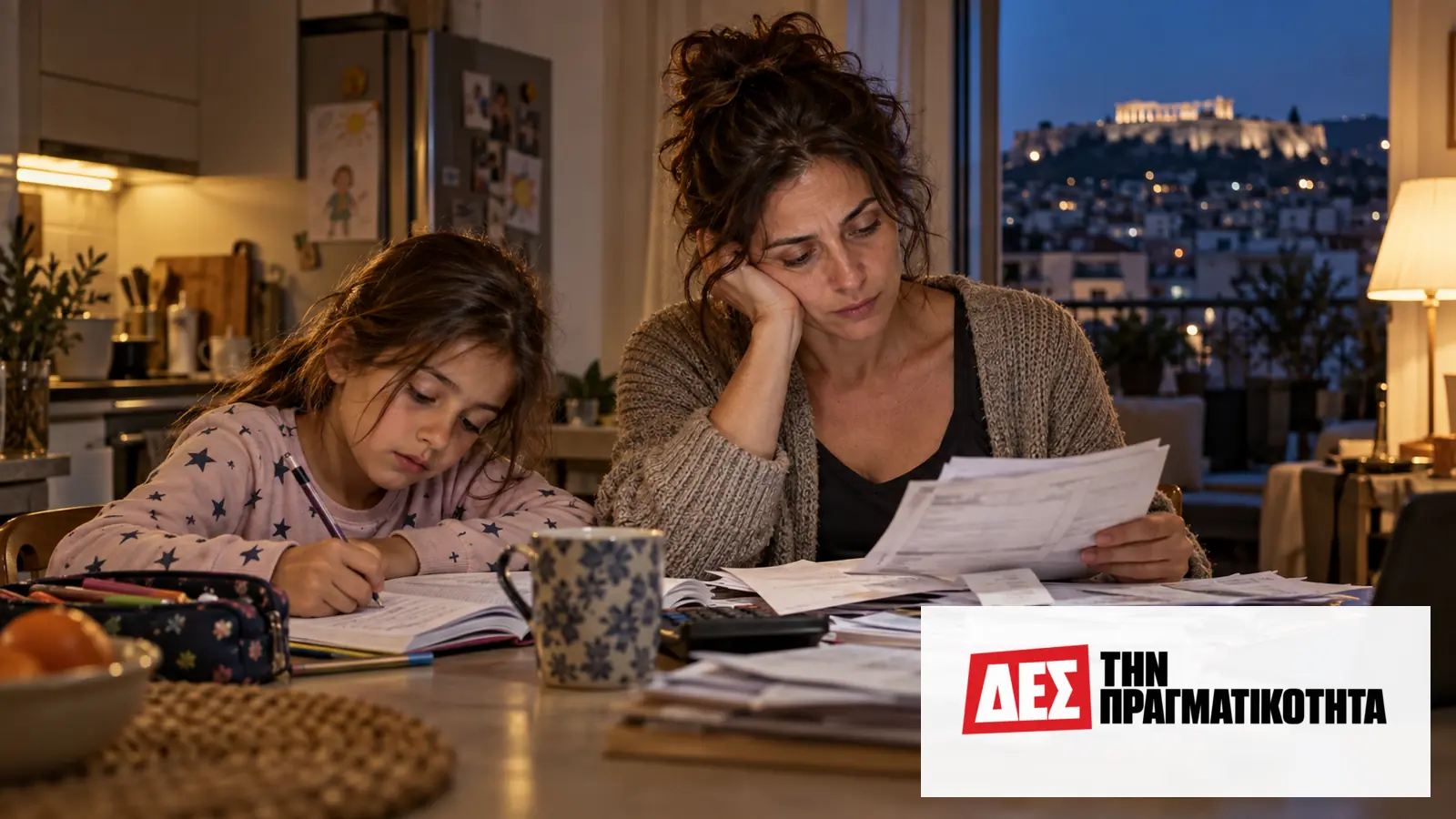 Μονογονεϊκές οικογένειες: το 57,5% στην Ελλάδα καθυστερεί βασικές πληρωμές · Μητέρα διαβάζει λογαριασμούς δίπλα σε παιδί που γράφει στο τραπέζι · Δες την Πραγματικότητα Μονογονεϊκές οικογένειες: το 57,5% στην Ελλάδα καθυστερεί βασικές πληρωμές · Μητέρα διαβάζει λογαριασμούς δίπλα σε παιδί που γράφει στο τραπέζι · Δες την Πραγματικότητα
