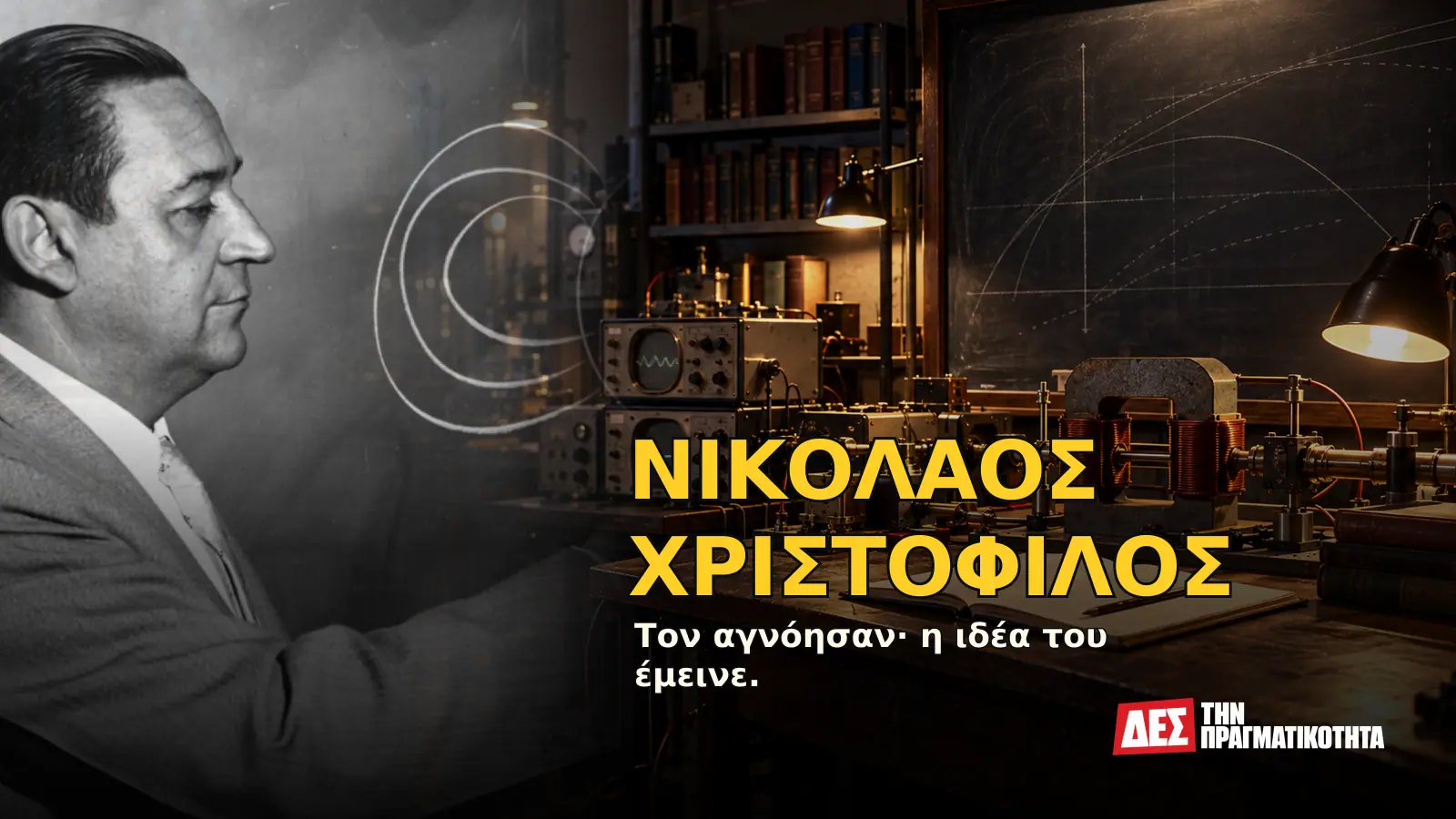 Νικόλαος Χριστόφιλος: ο Έλληνας που δάμασε τις δέσμες και ανάγκασε την επιστήμη να τον ακούσει · Προηγούμενο εξώφυλλο με ιστορικό τεκμήριο ή συμβολική σκηνή · Δες την Πραγματικότητα Νικόλαος Χριστόφιλος: ο Έλληνας που δάμασε τις δέσμες και ανάγκασε την επιστήμη να τον ακούσει · Προηγούμενο εξώφυλλο με ιστορικό τεκμήριο ή συμβολική σκηνή · Δες την Πραγματικότητα