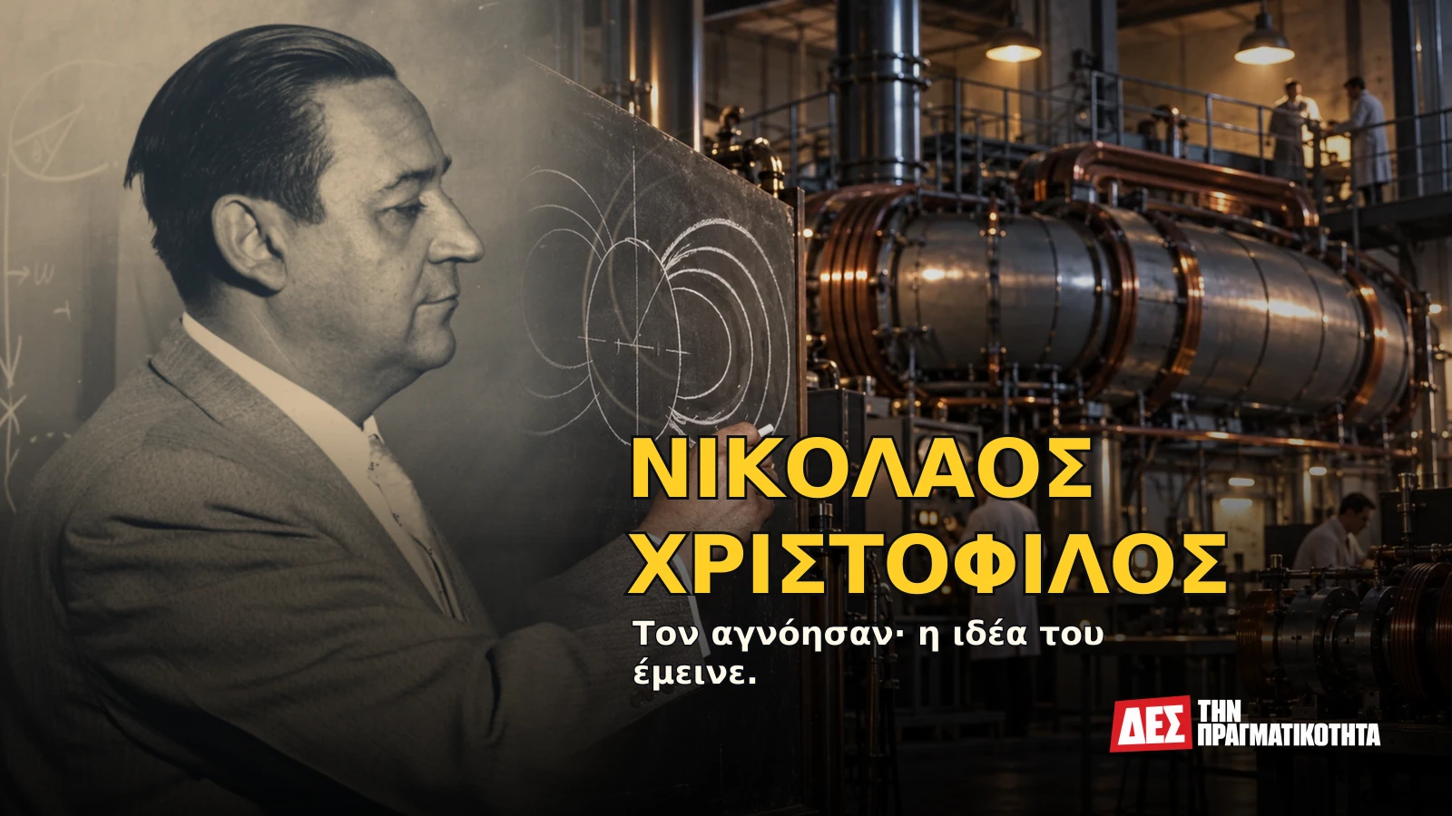 Νικόλαος Χριστόφιλος: ο Έλληνας που δάμασε τις δέσμες και ανάγκασε την επιστήμη να τον ακούσει · Αυθεντική φωτογραφία προσώπου ενταγμένη σε εικαστική σύνθεση με σκηνές · Δες την Πραγματικότητα Νικόλαος Χριστόφιλος: ο Έλληνας που δάμασε τις δέσμες και ανάγκασε την επιστήμη να τον ακούσει · Αυθεντική φωτογραφία προσώπου ενταγμένη σε εικαστική σύνθεση με σκηνές · Δες την Πραγματικότητα
