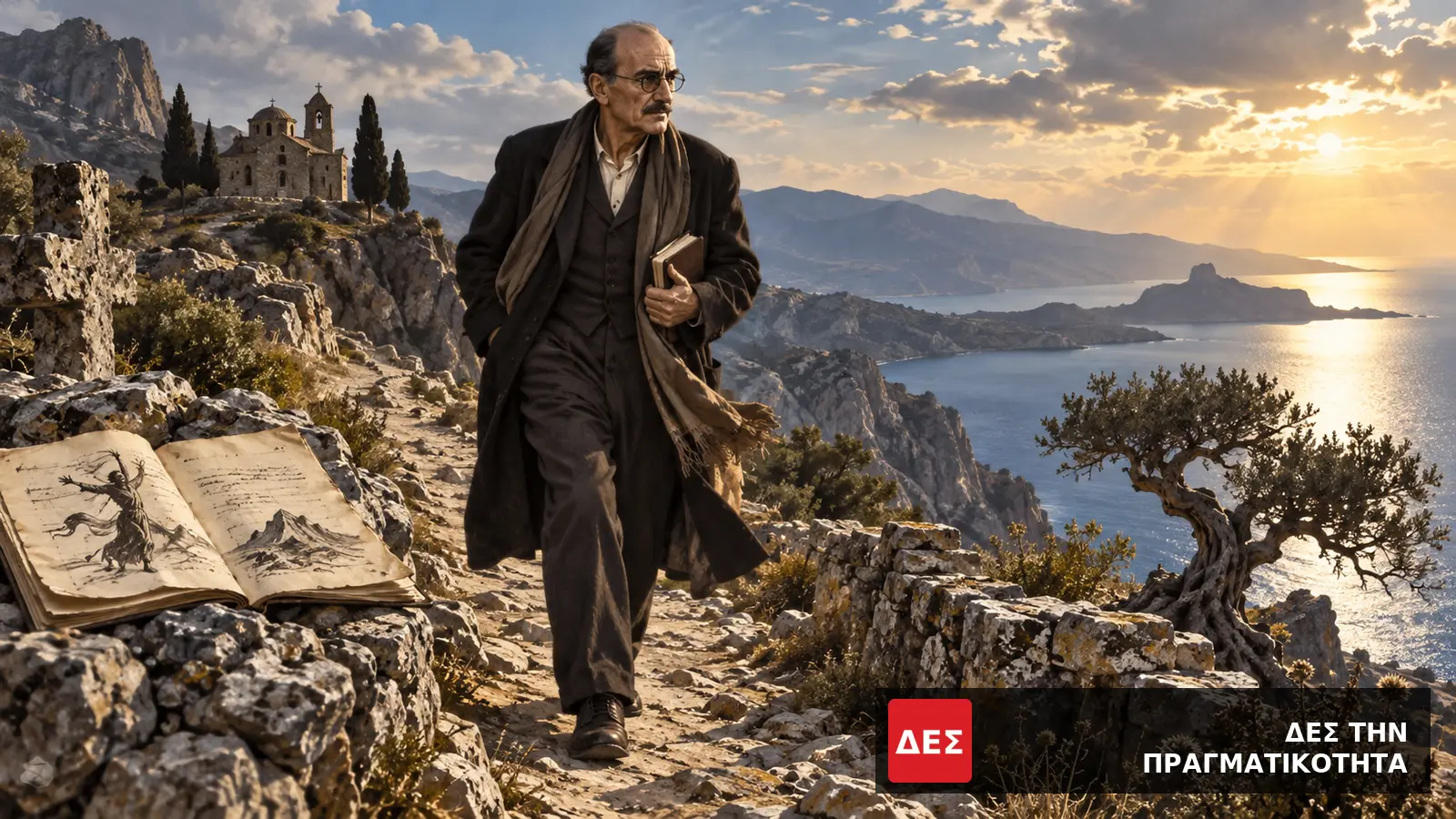 Νίκος Καζαντζάκης: ο Έλληνας που πάλεψε με τον Θεό, την ελευθερία και τον φόβο, η αλήθεια πίσω από τους μύθους · Εικαστική αναπαράσταση άνδρα με βιβλίο που βαδίζει σε βραχώδες ελληνικό · Δες την Πραγματικότητα Νίκος Καζαντζάκης: ο Έλληνας που πάλεψε με τον Θεό, την ελευθερία και τον φόβο, η αλήθεια πίσω από τους μύθους · Εικαστική αναπαράσταση άνδρα με βιβλίο που βαδίζει σε βραχώδες ελληνικό · Δες την Πραγματικότητα
