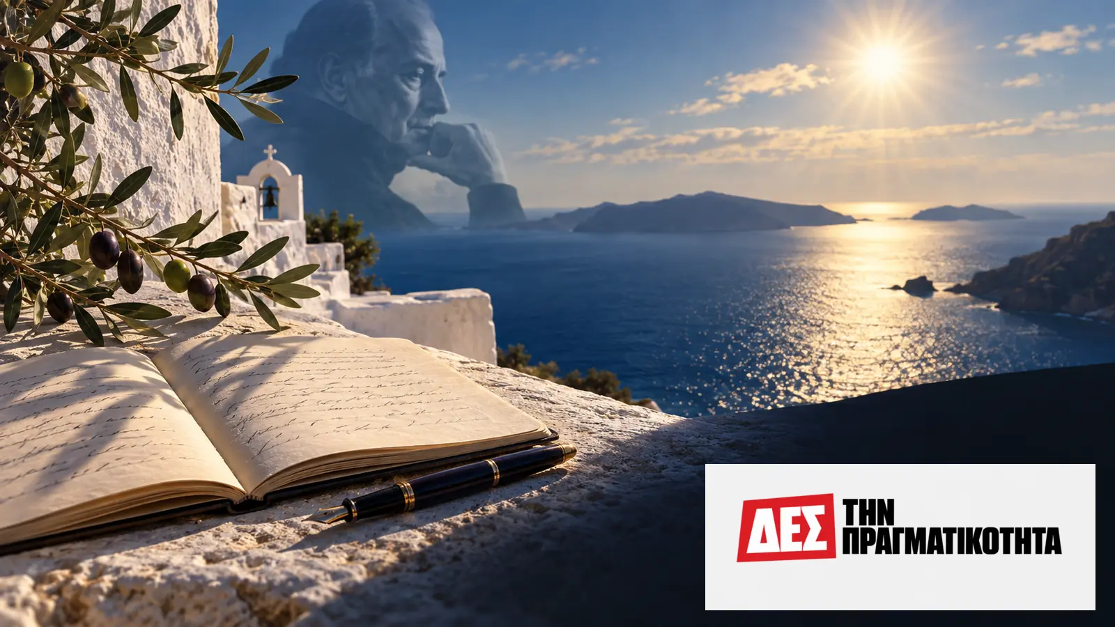 Οδυσσέας Ελύτης: ο ποιητής που έκανε το Αιγαίο γλώσσα ελευθερίας και κέρδισε το Νόμπελ · Ανοιχτό βιβλίο σε πεζούλι με θέα σε ήλιο και νησιωτική · Δες την Πραγματικότητα Οδυσσέας Ελύτης: ο ποιητής που έκανε το Αιγαίο γλώσσα ελευθερίας και κέρδισε το Νόμπελ · Ανοιχτό βιβλίο σε πεζούλι με θέα σε ήλιο και νησιωτική · Δες την Πραγματικότητα