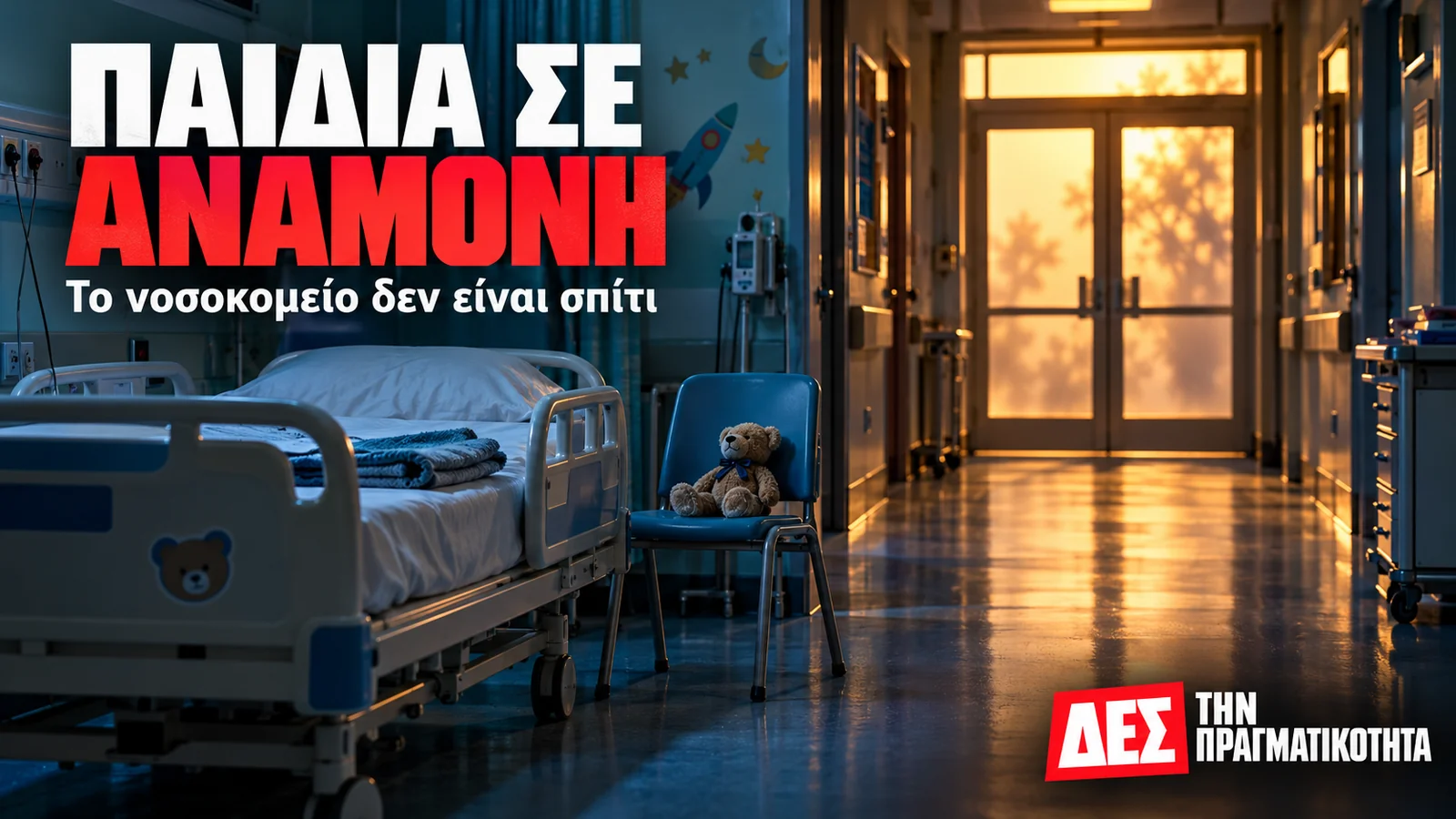 Παιδιά στα νοσοκομεία χωρίς ανάγκη νοσηλείας: ποιος αναλαμβάνει να τα βγάλει; · Άδειο νοσοκομειακό κρεβάτι με παιχνίδι και καρέκλα που συμβολίζουν · Δες την Πραγματικότητα Παιδιά στα νοσοκομεία χωρίς ανάγκη νοσηλείας: ποιος αναλαμβάνει να τα βγάλει; · Άδειο νοσοκομειακό κρεβάτι με παιχνίδι και καρέκλα που συμβολίζουν · Δες την Πραγματικότητα