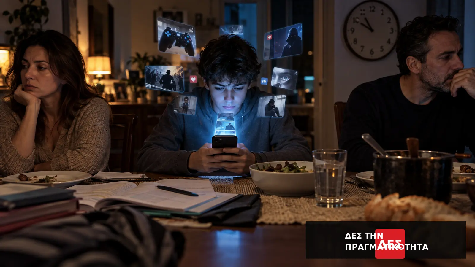 Παιδιά και social media: η Ευρώπη σχεδιάζει όρια σε έναν μηχανισμό που εκπαιδεύει τον εθισμό · Παιδί κοιτάζει φωτισμένο κινητό στο τραπέζι, ανάμεσα σε δύο προβληματισμένους · Δες την Πραγματικότητα Παιδιά και social media: η Ευρώπη σχεδιάζει όρια σε έναν μηχανισμό που εκπαιδεύει τον εθισμό · Παιδί κοιτάζει φωτισμένο κινητό στο τραπέζι, ανάμεσα σε δύο προβληματισμένους · Δες την Πραγματικότητα