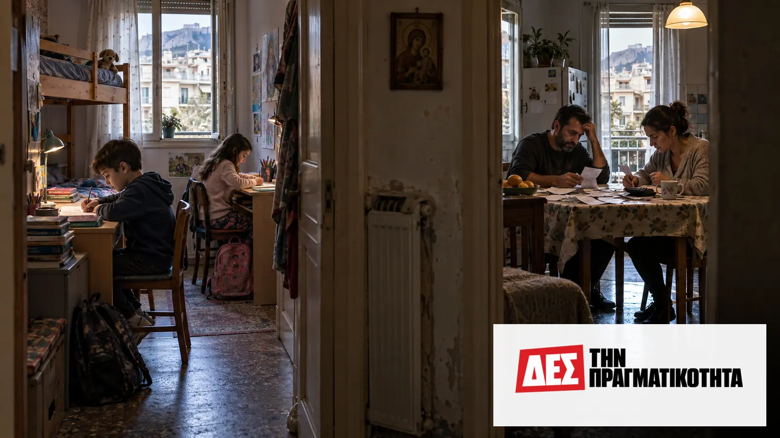 Παιδική στέρηση στην Ελλάδα: το 15,9% στερείται βασικά και το 42,9% μεγαλώνει σε συνωστισμένο σπίτι · Παιδιά διαβάζουν σε μικρό διαμέρισμα ενώ ενήλικοι κάθονται στο τραπέζι · Δες την Πραγματικότητα Παιδική στέρηση στην Ελλάδα: το 15,9% στερείται βασικά και το 42,9% μεγαλώνει σε συνωστισμένο σπίτι · Παιδιά διαβάζουν σε μικρό διαμέρισμα ενώ ενήλικοι κάθονται στο τραπέζι · Δες την Πραγματικότητα