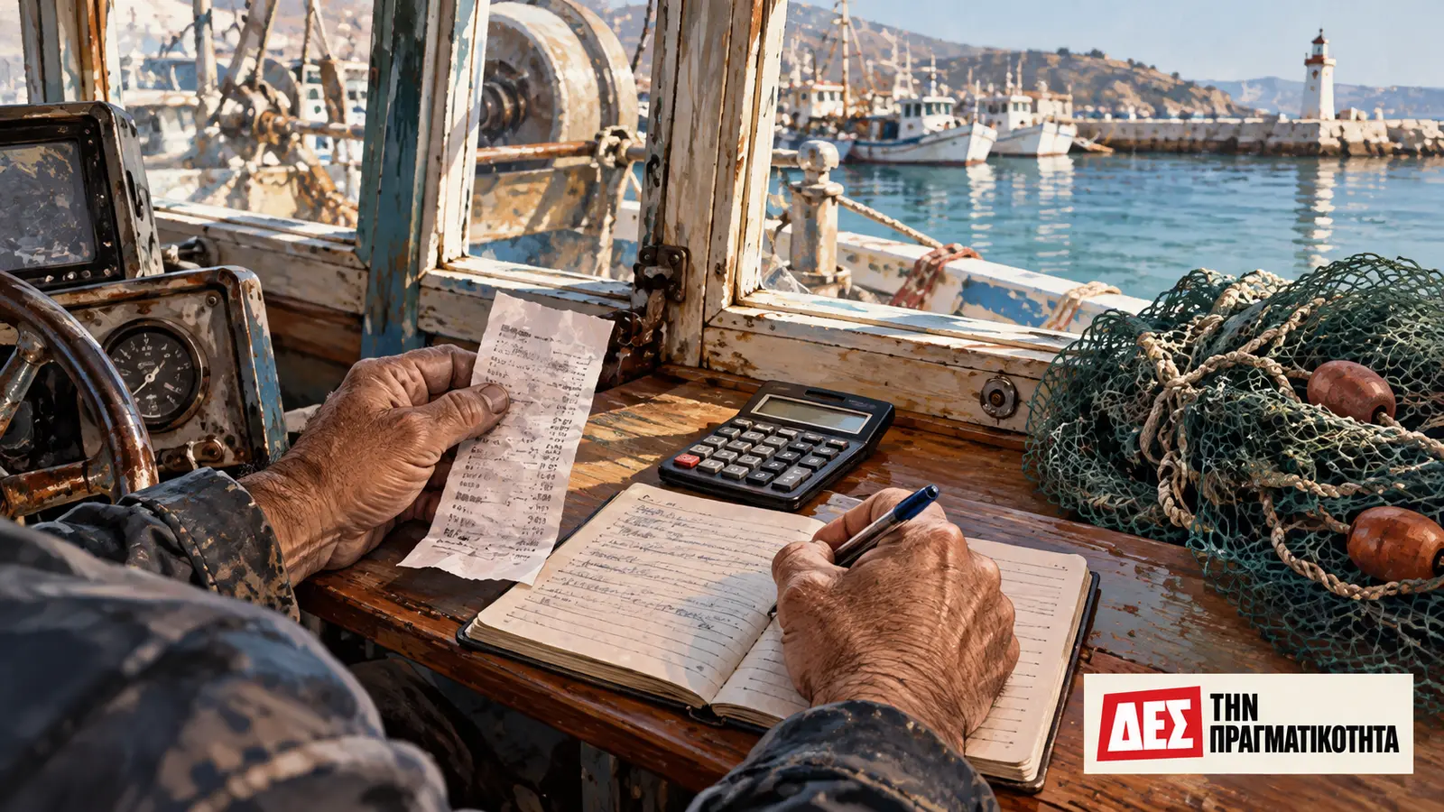 Παράκτια αλιεία: τα καΐκια ζητούν δουλειά, όχι μόνο ανακοινώσεις · εικονογράφηση ελέγχου εξόδων στην καμπίνα αλιευτικού, όχι πραγματικό παραστατικό · Δες την Πραγματικότητα Παράκτια αλιεία: τα καΐκια ζητούν δουλειά, όχι μόνο ανακοινώσεις · εικονογράφηση ελέγχου εξόδων στην καμπίνα αλιευτικού, όχι πραγματικό παραστατικό · Δες την Πραγματικότητα