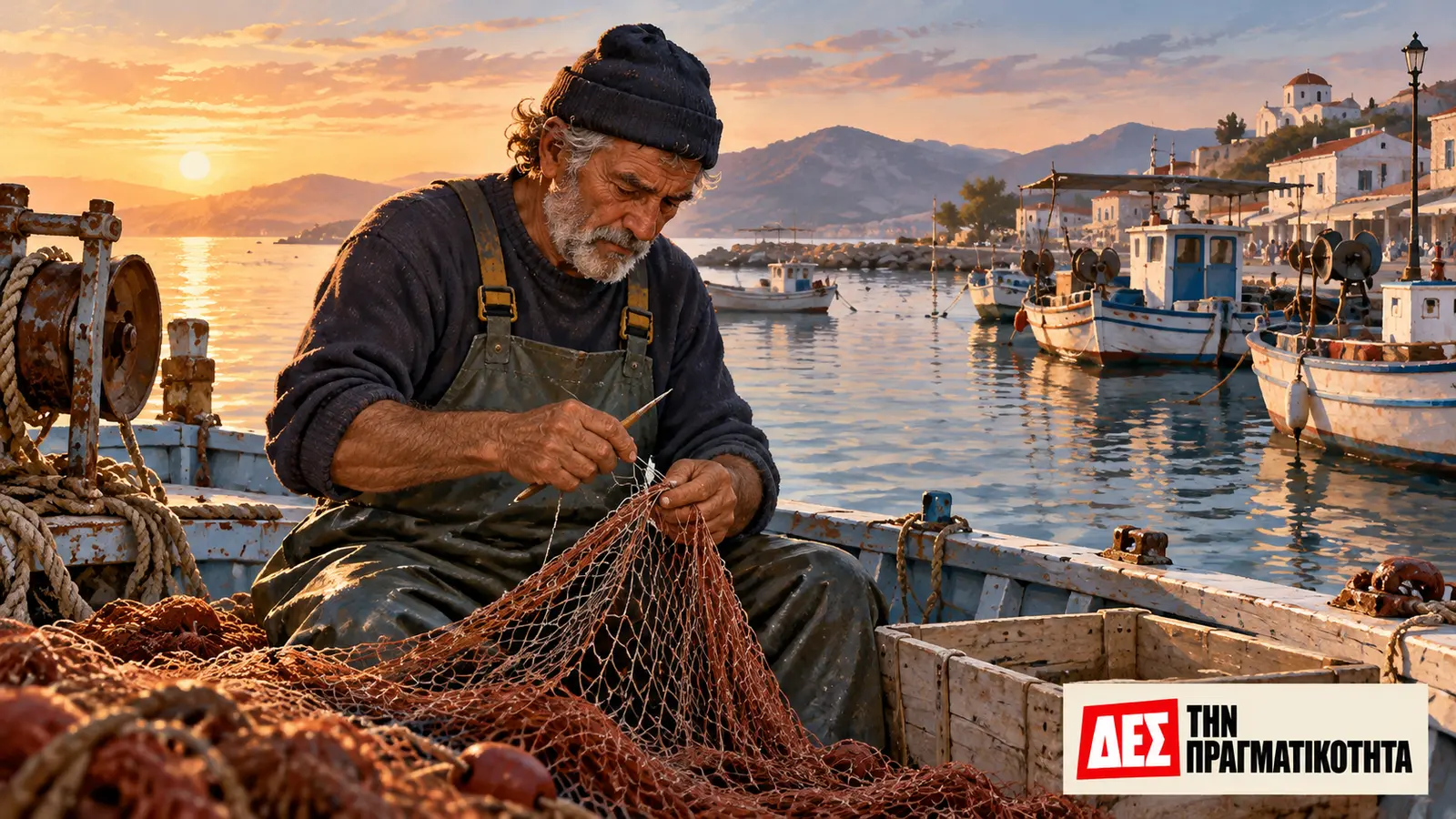 Παράκτια αλιεία: τα καΐκια ζητούν δουλειά, όχι μόνο ανακοινώσεις · εικαστική αναπαράσταση ψαρά που επισκευάζει δίχτυ, όχι φωτογραφία προσώπου · Δες την Πραγματικότητα Παράκτια αλιεία: τα καΐκια ζητούν δουλειά, όχι μόνο ανακοινώσεις · εικαστική αναπαράσταση ψαρά που επισκευάζει δίχτυ, όχι φωτογραφία προσώπου · Δες την Πραγματικότητα