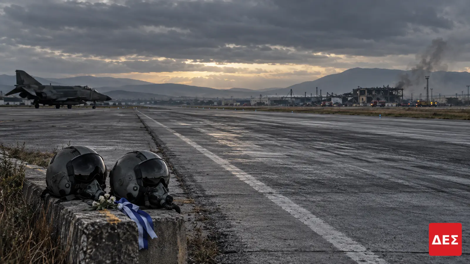 Phantom στην Τανάγρα: η επόμενη μέρα, οι αντιφάσεις για την εκτίναξη και η σιωπή των εγκρίσεων · Δύο κράνη σε τσιμεντένιο βάθρο δίπλα σε αεροδιάδρομο, με αεροσκάφη · Δες την Πραγματικότητα Phantom στην Τανάγρα: η επόμενη μέρα, οι αντιφάσεις για την εκτίναξη και η σιωπή των εγκρίσεων · Δύο κράνη σε τσιμεντένιο βάθρο δίπλα σε αεροδιάδρομο, με αεροσκάφη · Δες την Πραγματικότητα