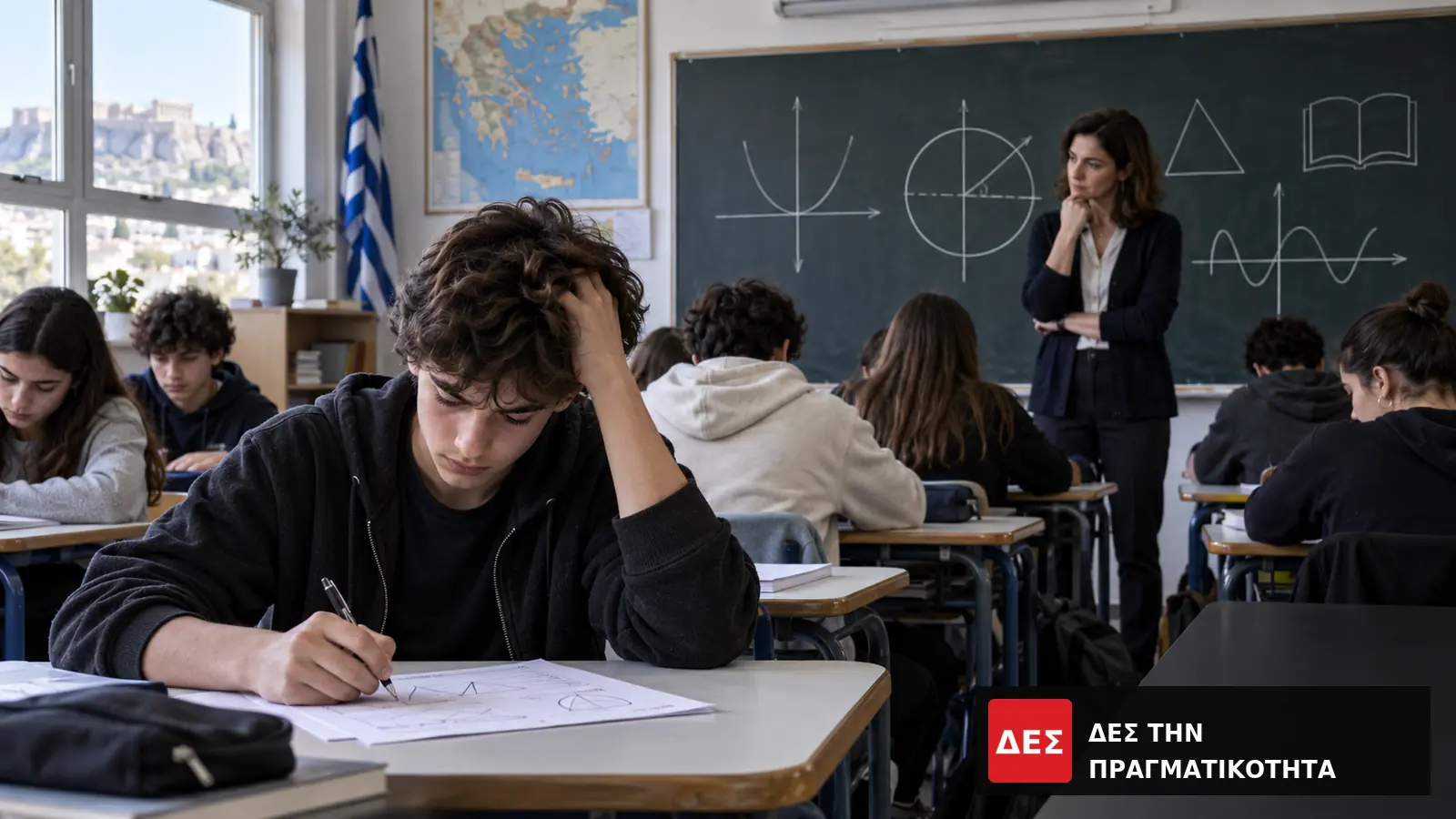 PISA 2025 στην Ελλάδα: σχεδόν 1 στους 2 δεκαπεντάχρονους δεν φτάνει στο βασικό επίπεδο Μαθηματικών · Μαθητής γράφει σε θρανίο, με συμμαθητές και δασκάλα μπροστά · Δες την Πραγματικότητα PISA 2025 στην Ελλάδα: σχεδόν 1 στους 2 δεκαπεντάχρονους δεν φτάνει στο βασικό επίπεδο Μαθηματικών · Μαθητής γράφει σε θρανίο, με συμμαθητές και δασκάλα μπροστά · Δες την Πραγματικότητα