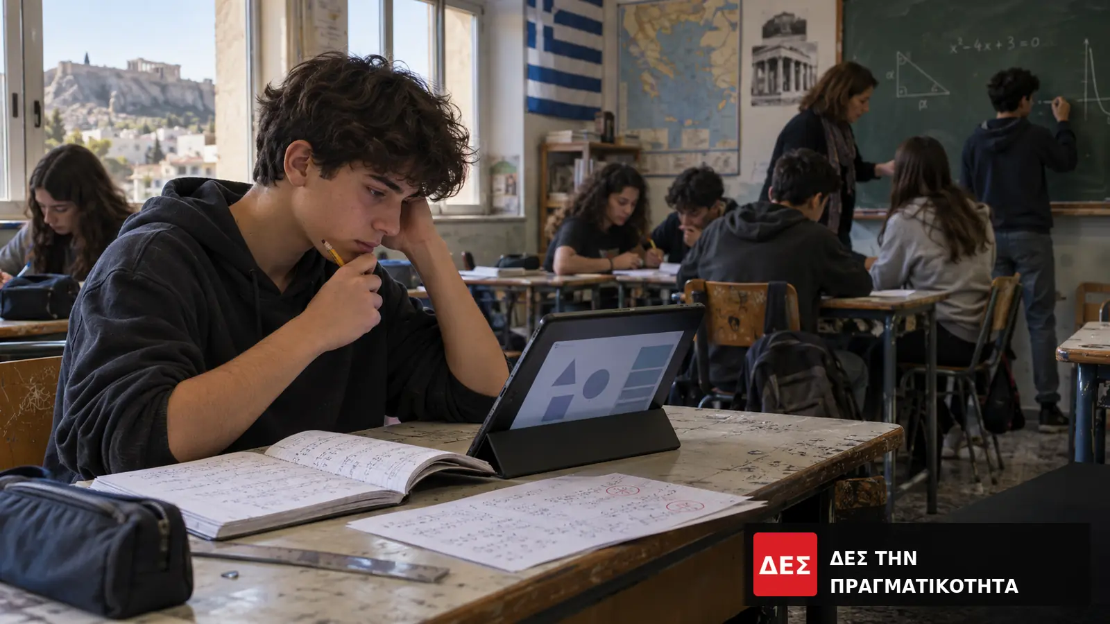 PISA 2025 στην Ελλάδα: σχεδόν 1 στους 2 δεκαπεντάχρονους δεν φτάνει στο βασικό επίπεδο Μαθηματικών · Μαθητής διαβάζει βιβλίο μπροστά σε ανοιχτό τάμπλετ μέσα σε σχολική · Δες την Πραγματικότητα PISA 2025 στην Ελλάδα: σχεδόν 1 στους 2 δεκαπεντάχρονους δεν φτάνει στο βασικό επίπεδο Μαθηματικών · Μαθητής διαβάζει βιβλίο μπροστά σε ανοιχτό τάμπλετ μέσα σε σχολική · Δες την Πραγματικότητα
