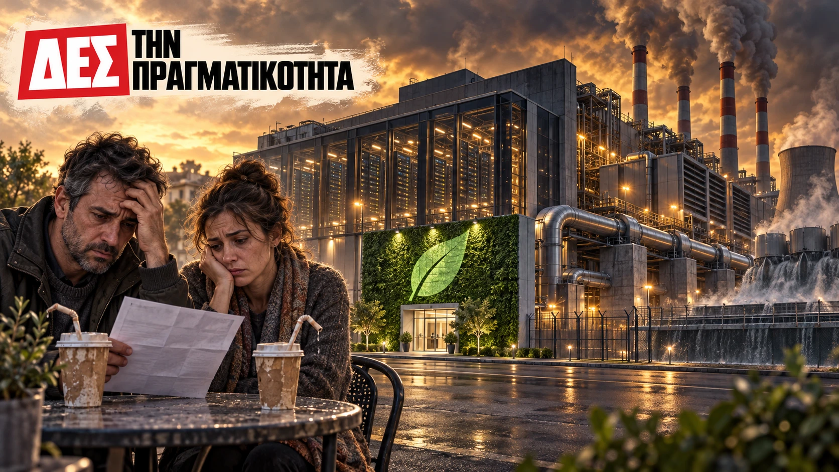 AI και τεχνητή νοημοσύνη: Στραγγίζει τον πλανήτη · Συμβολική εικονογράφηση: πολίτες κοιτούν έναν λογαριασμό μπροστά σε κέντρο δεδομένων · Δες την Πραγματικότητα AI και τεχνητή νοημοσύνη: Στραγγίζει τον πλανήτη · Συμβολική εικονογράφηση: πολίτες κοιτούν έναν λογαριασμό μπροστά σε κέντρο δεδομένων · Δες την Πραγματικότητα