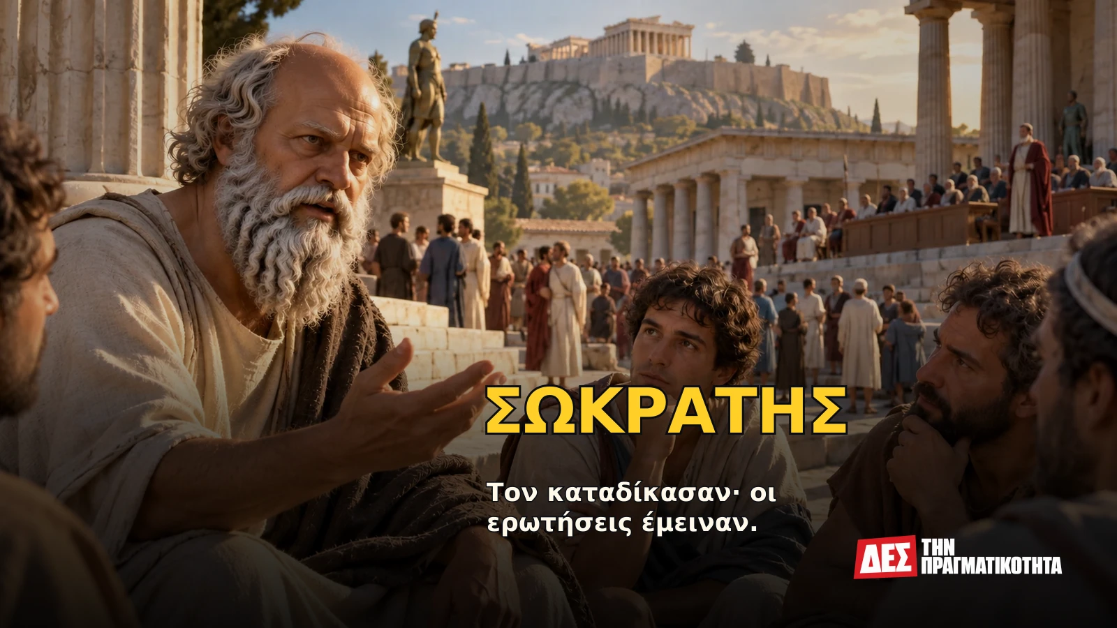 Σωκράτης: ο άνθρωπος που ενοχλούσε την εξουσία ώσπου η Αθήνα τον καταδίκασε σε θάνατο · Υποθετική φωτορεαλιστική αναπαράσταση: ΣΩΚΡΑΤΗΣ, με σκηνές από τη ζωή · Δες την Πραγματικότητα Σωκράτης: ο άνθρωπος που ενοχλούσε την εξουσία ώσπου η Αθήνα τον καταδίκασε σε θάνατο · Υποθετική φωτορεαλιστική αναπαράσταση: ΣΩΚΡΑΤΗΣ, με σκηνές από τη ζωή · Δες την Πραγματικότητα