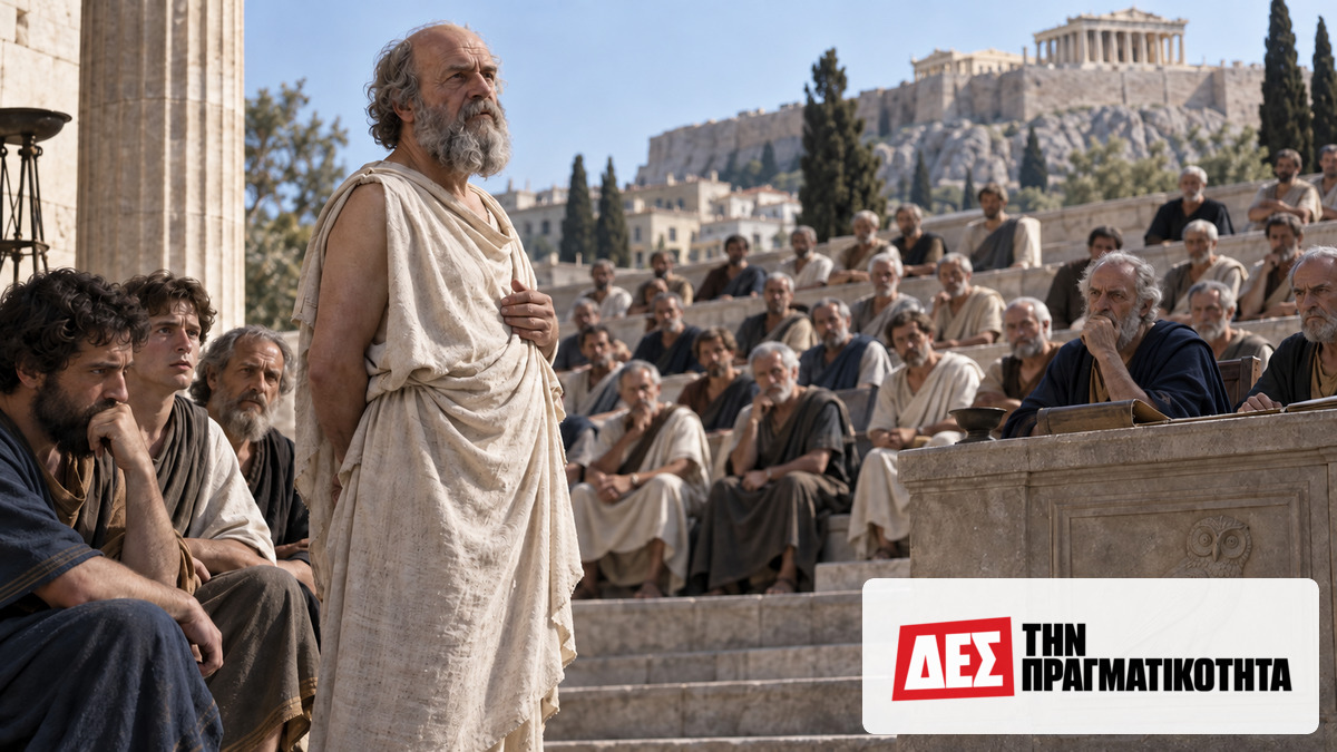 Σωκράτης: ο άνθρωπος που ενοχλούσε την εξουσία ώσπου η Αθήνα τον καταδίκασε σε θάνατο · Εικαστική αναπαράσταση αρχαίου φιλοσόφου μπροστά σε συγκέντρωση ανθρώπων στην Αθήνα · Δες την Πραγματικότητα Σωκράτης: ο άνθρωπος που ενοχλούσε την εξουσία ώσπου η Αθήνα τον καταδίκασε σε θάνατο · Εικαστική αναπαράσταση αρχαίου φιλοσόφου μπροστά σε συγκέντρωση ανθρώπων στην Αθήνα · Δες την Πραγματικότητα