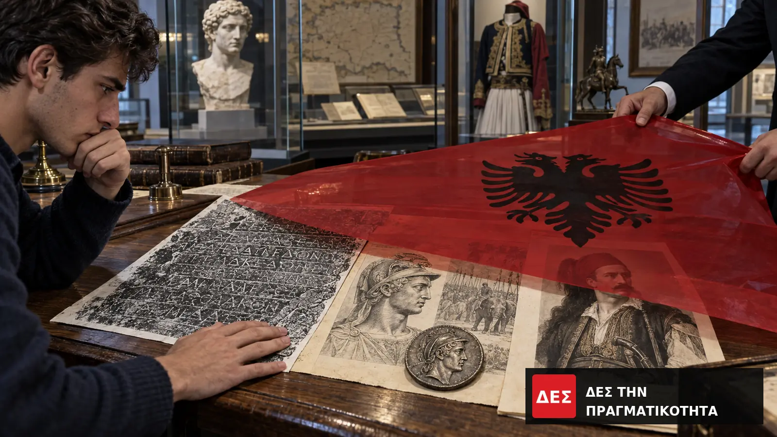 Μέγας Αλέξανδρος, Πύρρος και Μάρκος Μπότσαρης «Αλβανοί»: η τοιχογραφία της παραχάραξης και η σιωπή της Ελλάδας · Νεαρός μελετά παλιό χάρτη και πορτρέτα δίπλα σε αλβανική σημαία · Δες την Πραγματικότητα Μέγας Αλέξανδρος, Πύρρος και Μάρκος Μπότσαρης «Αλβανοί»: η τοιχογραφία της παραχάραξης και η σιωπή της Ελλάδας · Νεαρός μελετά παλιό χάρτη και πορτρέτα δίπλα σε αλβανική σημαία · Δες την Πραγματικότητα