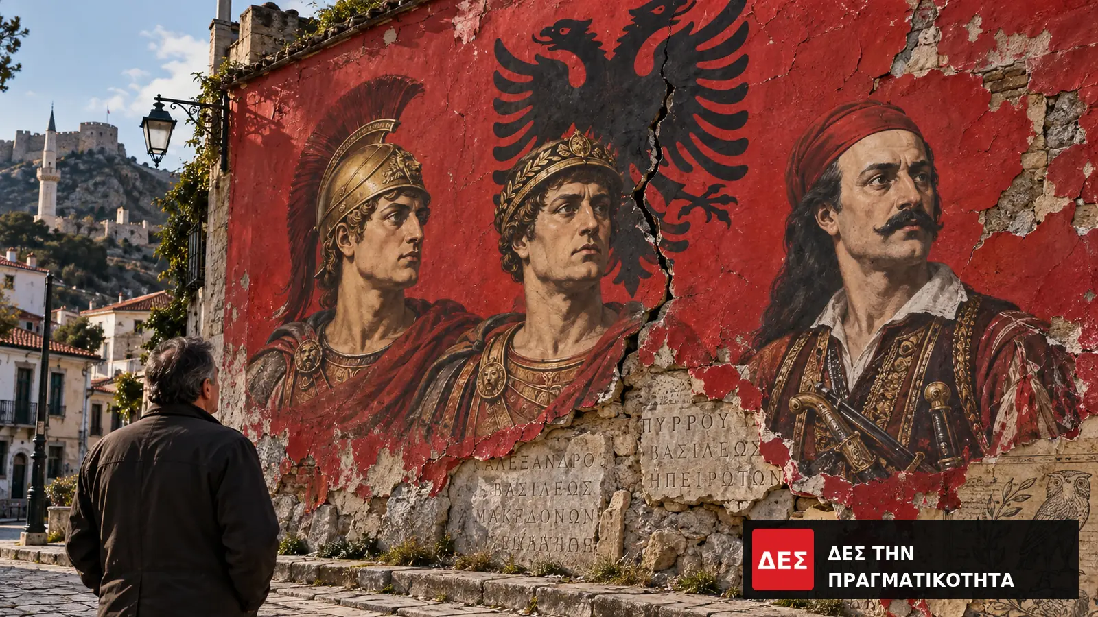 Μέγας Αλέξανδρος, Πύρρος και Μάρκος Μπότσαρης «Αλβανοί»: η τοιχογραφία της παραχάραξης και η σιωπή της Ελλάδας · Τοιχογραφία με τρεις εικονογραφημένες ιστορικές μορφές και μαύρο δικέφαλο αετό · Δες την Πραγματικότητα Μέγας Αλέξανδρος, Πύρρος και Μάρκος Μπότσαρης «Αλβανοί»: η τοιχογραφία της παραχάραξης και η σιωπή της Ελλάδας · Τοιχογραφία με τρεις εικονογραφημένες ιστορικές μορφές και μαύρο δικέφαλο αετό · Δες την Πραγματικότητα