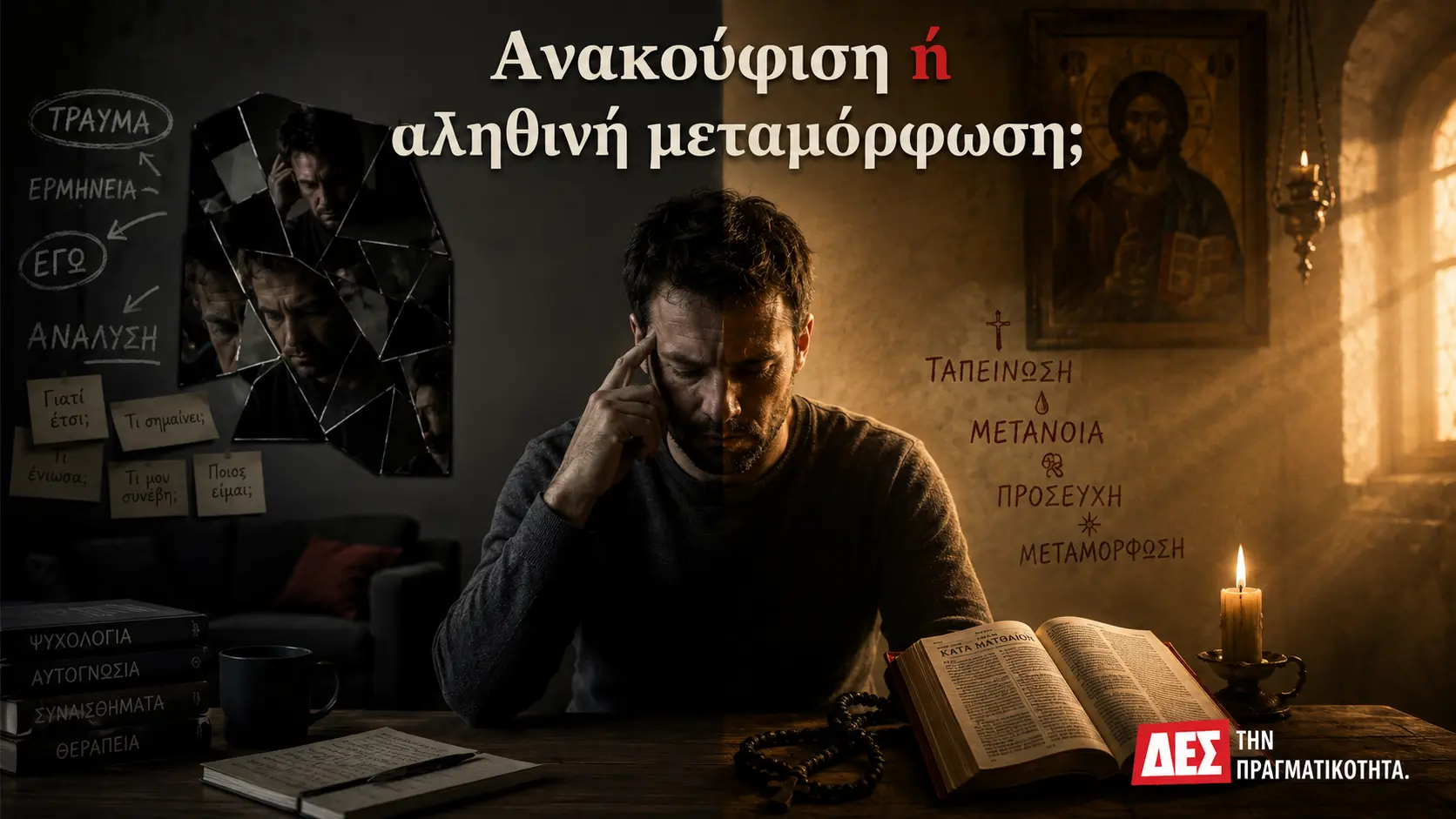 Φύγαμε από τον Θεό για να γίνουμε «σύγχρονοι», και καταλήξαμε πιο μόνοι, πιο σκληροί και πιο φτωχοί μέσα μας · Άνδρας με το χέρι στο κεφάλι κάθεται μπροστά σε ανοιχτό · Δες την Πραγματικότητα Φύγαμε από τον Θεό για να γίνουμε «σύγχρονοι», και καταλήξαμε πιο μόνοι, πιο σκληροί και πιο φτωχοί μέσα μας · Άνδρας με το χέρι στο κεφάλι κάθεται μπροστά σε ανοιχτό · Δες την Πραγματικότητα